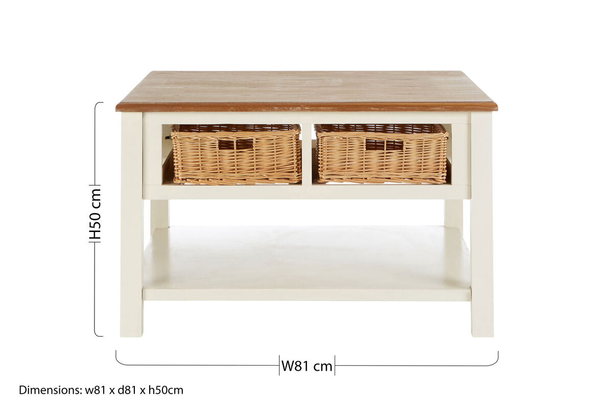 Cream Wood Coffee Table with 2 Rattan Storage Baskets | Dorset
