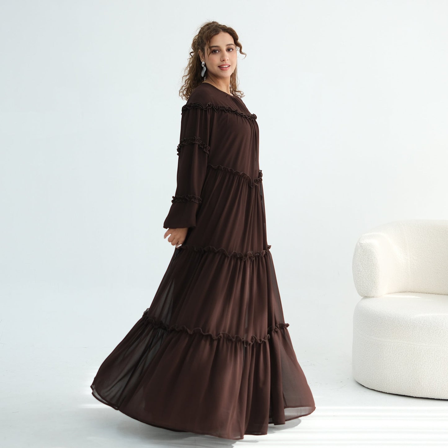 Lace-Trimmed Tiered Modest Dress - Long Sleeve A-Line Maxi