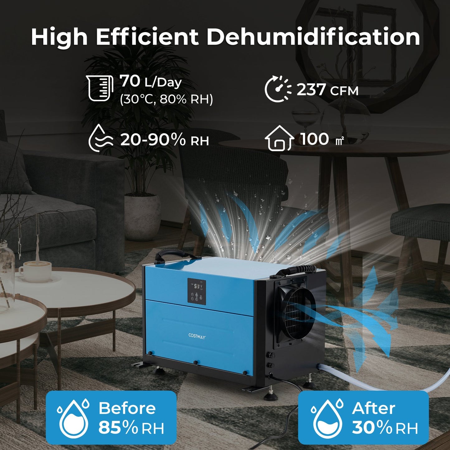 50/70L/Day Industrial Dehumidifier with Pump and Drain Hose-White-50L