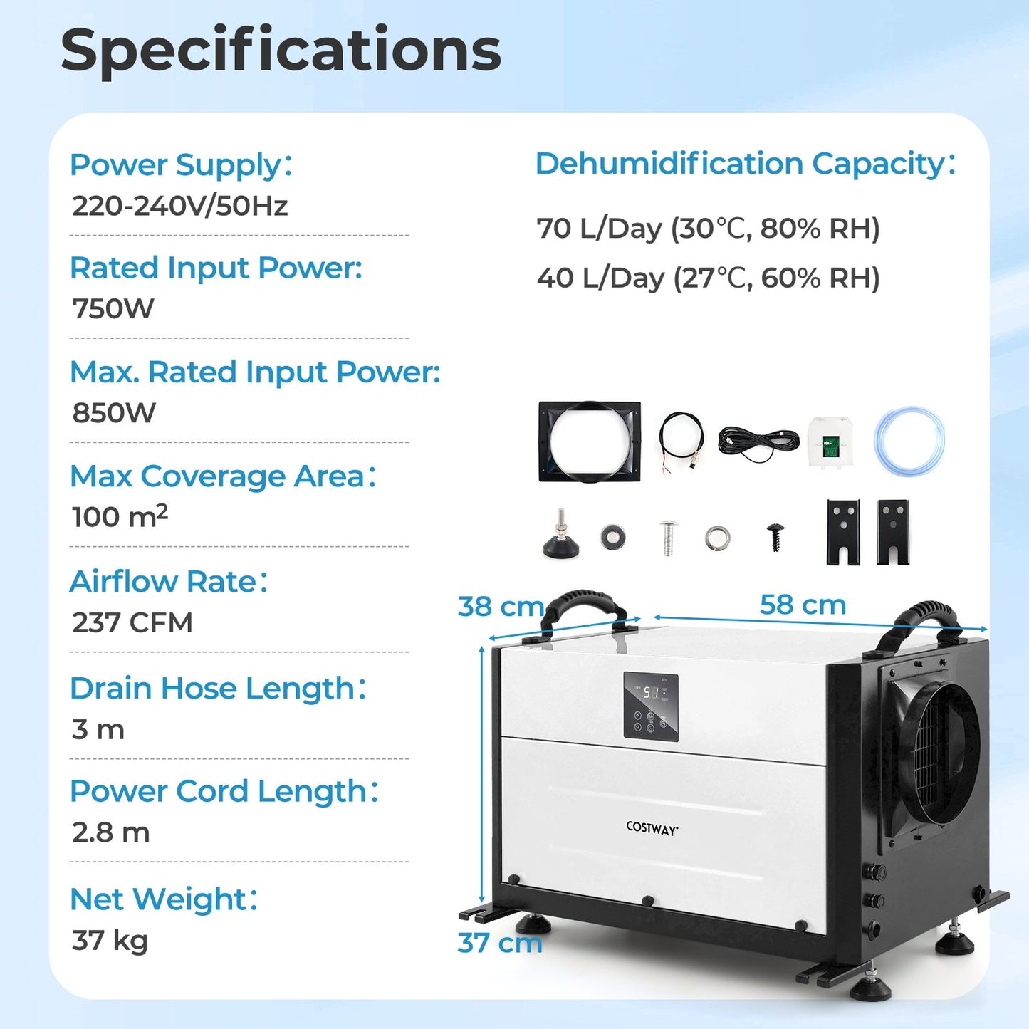 50/70L/Day Industrial Dehumidifier with Pump and Drain Hose-White-50L