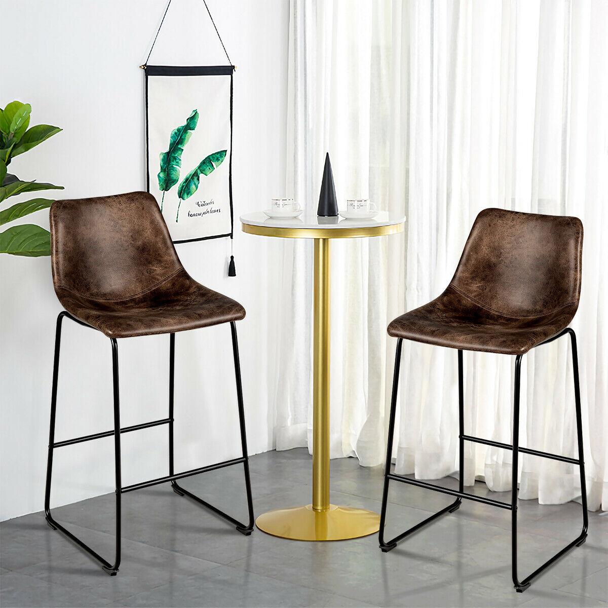 Set of 2 Vintage Faux Suede Bar Stools-Brown