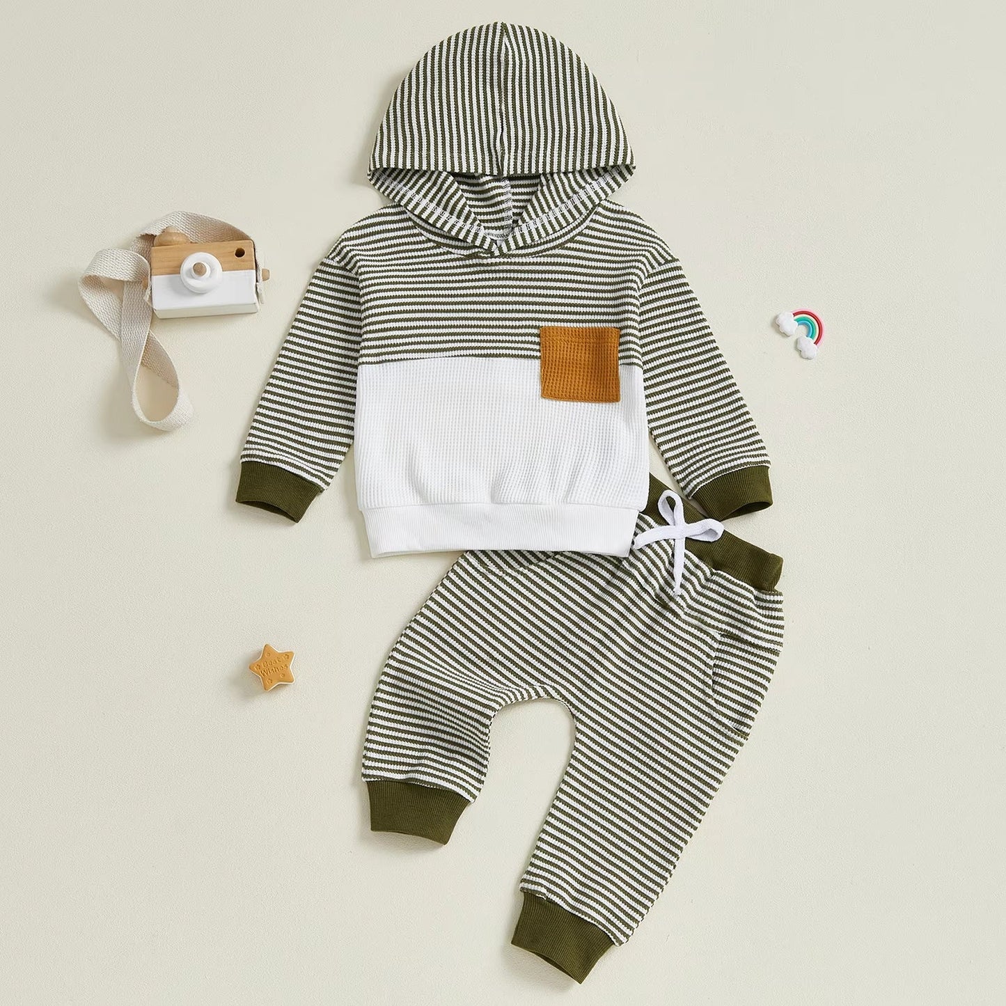Boys Hooded Long-sleeve Waffle-striped Long-sleeve Pants Set