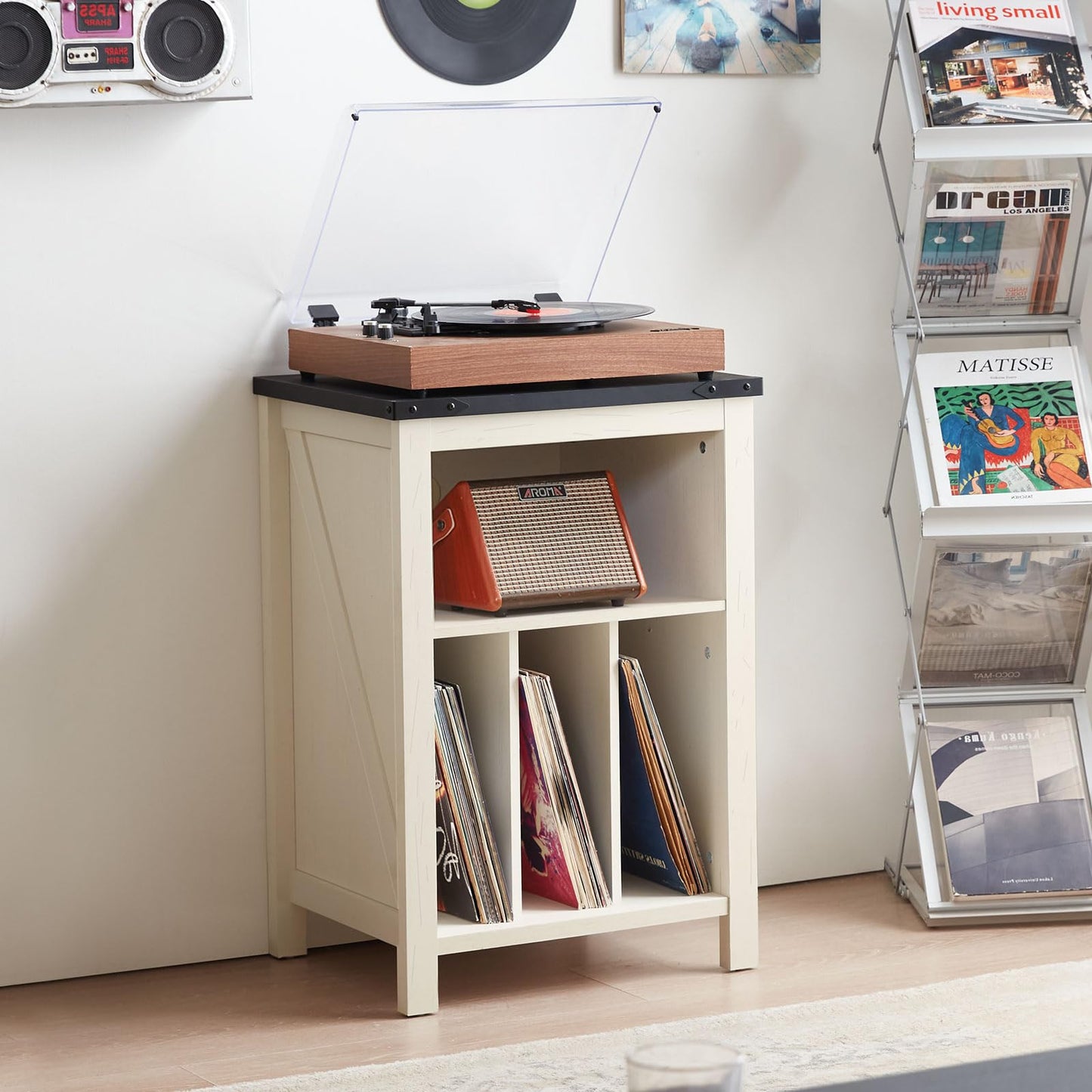 LELELINKY Record Player Stand with Vinyl Record Storage, White