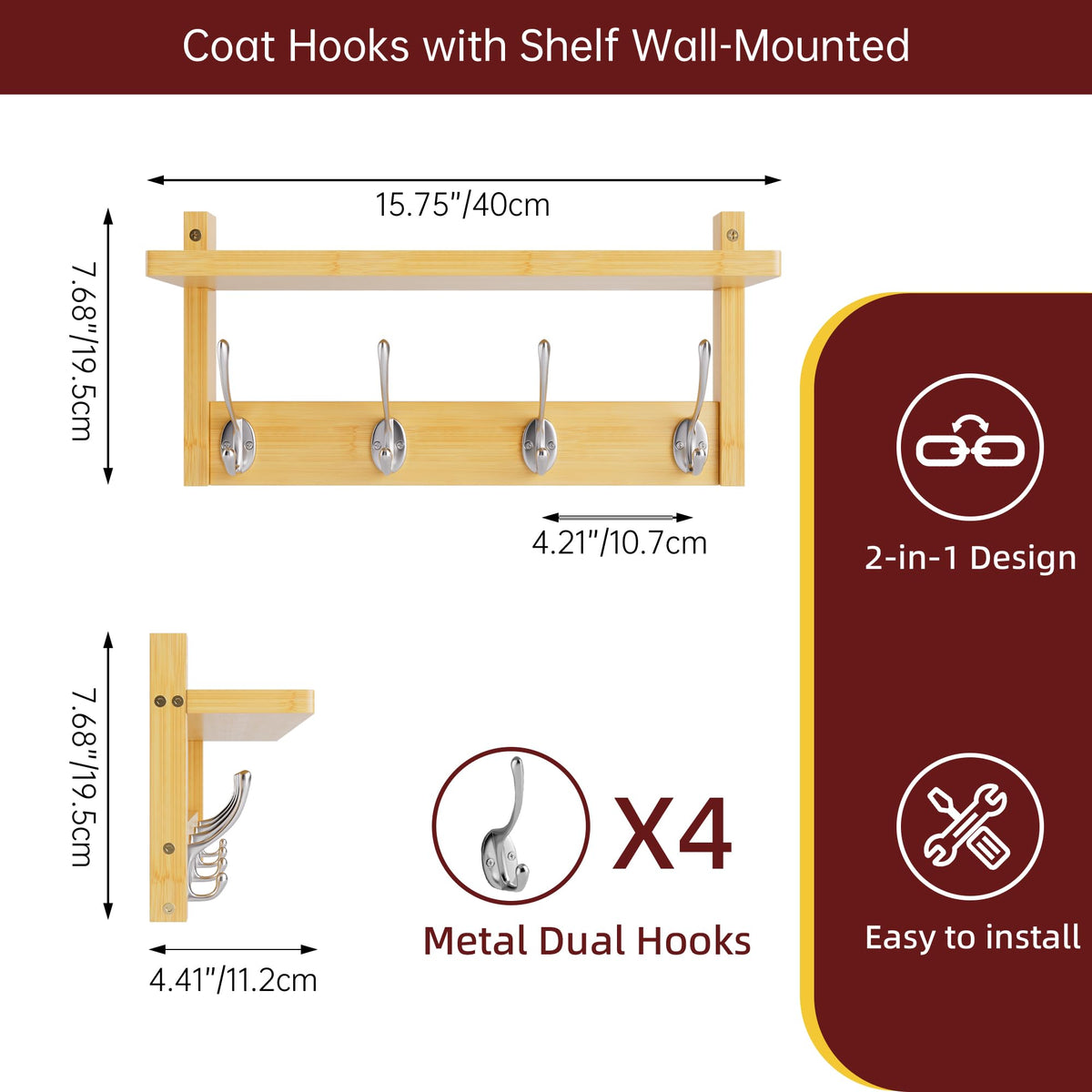 STELLSTAR Coat Rack with Shelf, 2 Pack Bamboo Wall-Mounted Coat Hanger with 8 Hooks for Entryway, Hallway, Kitchen, Bathroom, Living Room