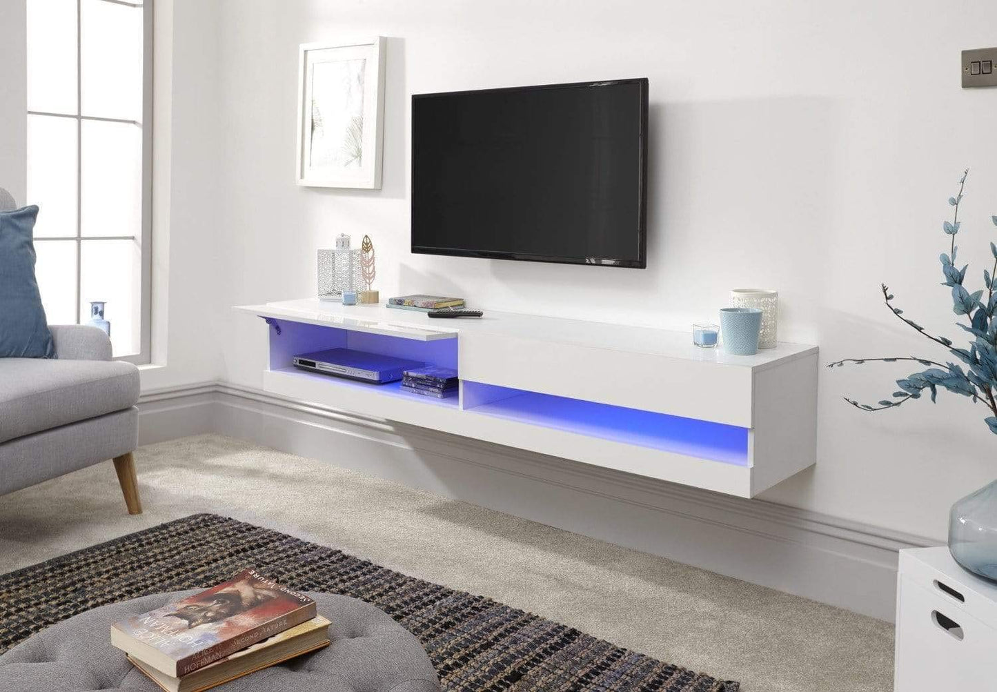 Galicia Wall Mounted Gloss TV Unit with LED - 150cm White