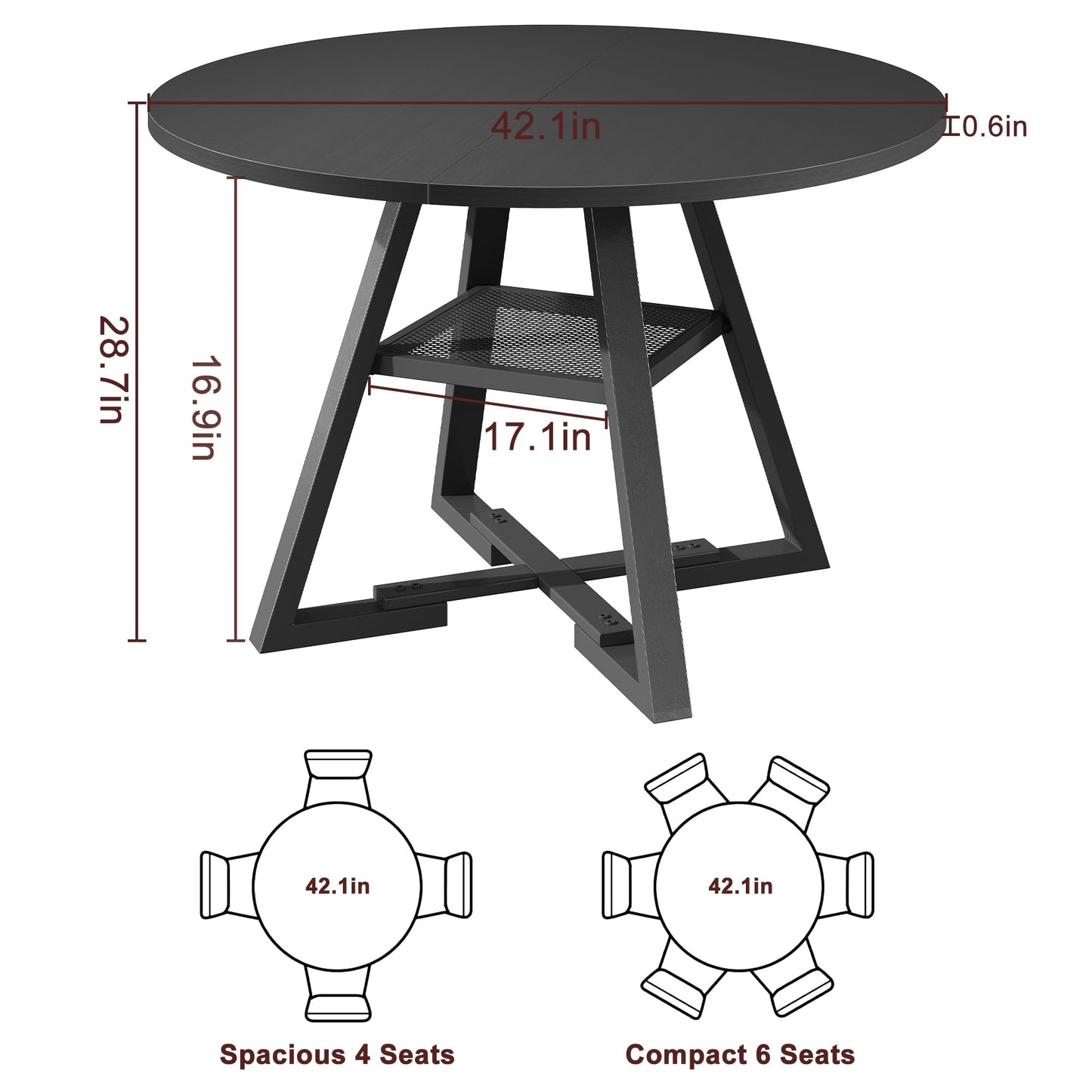 Jocoevol Round Dining Table for 2-4 People, Circle Dinner Table with Shelves, Space Saving Wood Kitchen & Dining Room Furniture (Black, 42 inch