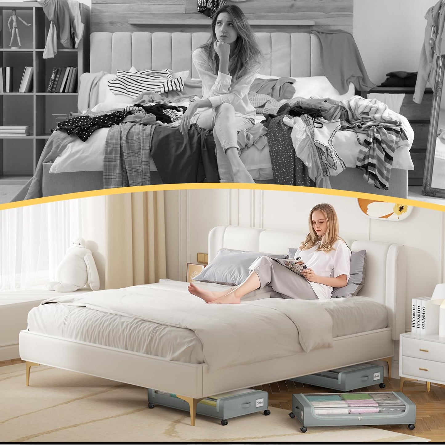 PHINOX Large Fabric Under Bed Storage on Wheels & Dust Cover, Grey, 2 PCS