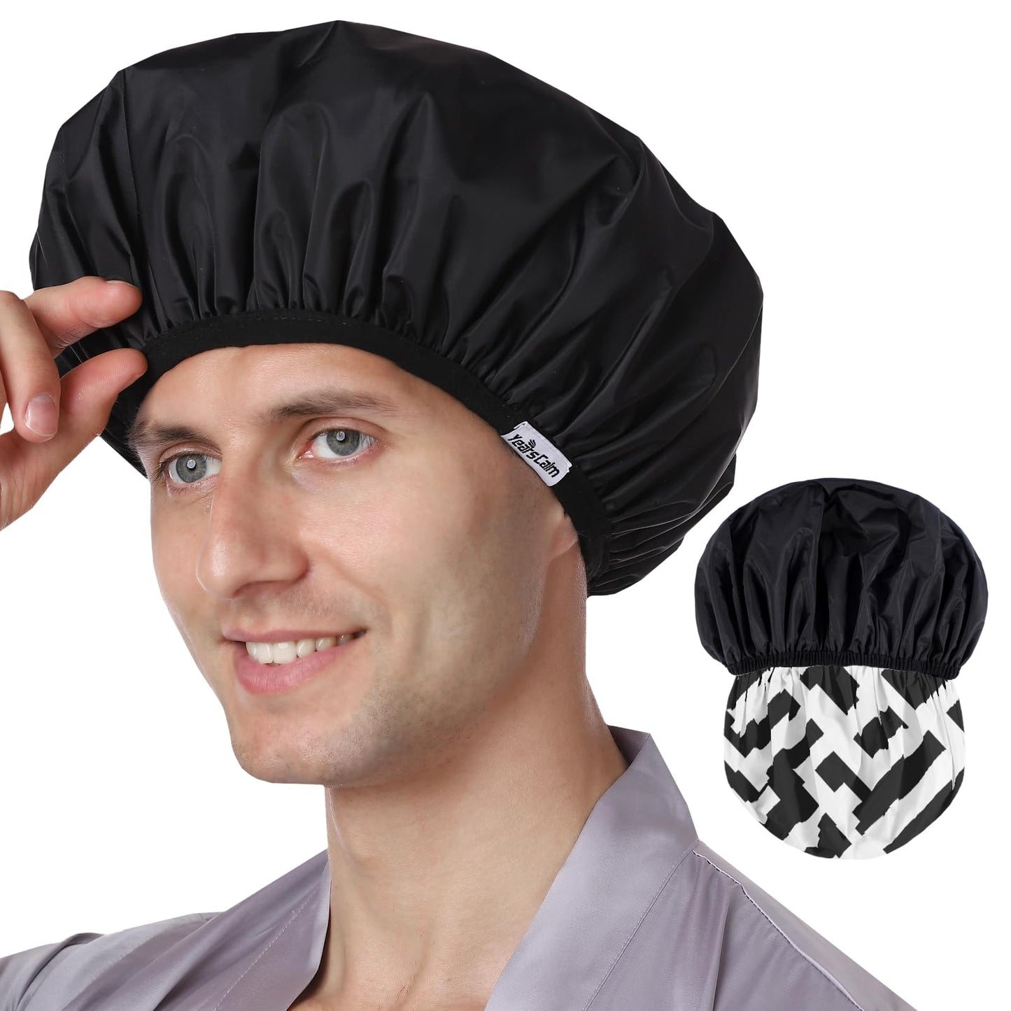 Years calm Shower Cap Reusable Waterproof for Men, Dual-Layer Design, Protects Hair in Shower, Spa, Travel & Cooking, Adjustable Elastic for