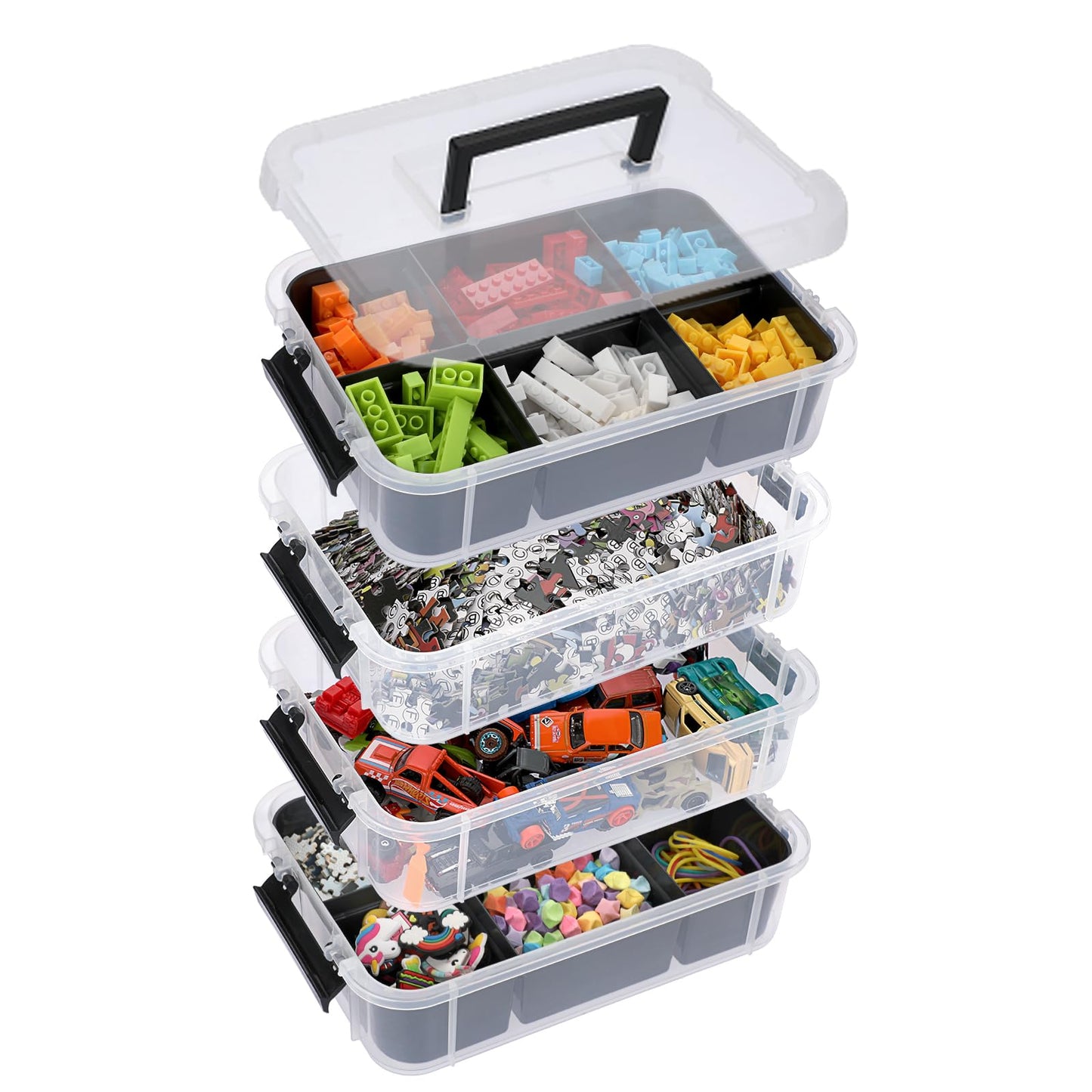 IGNPION Stackable Storage Box, 4 Layer Adjustable Plastic Storage Box with Carrying Handle Transparent Organizer Containers for Arts and Crafts Toys