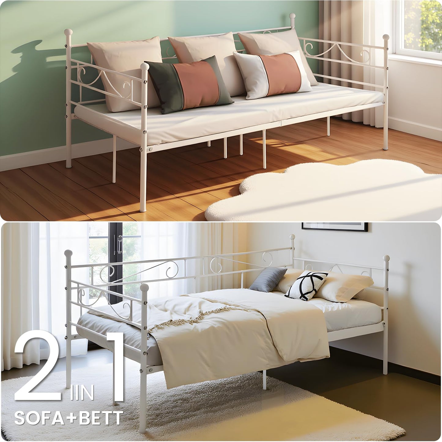 FetiNes Day Bed Frame 90 x 200 cm, Metal, White, Scandinavian Style, Convertible Day Bed with Under-bed Storage