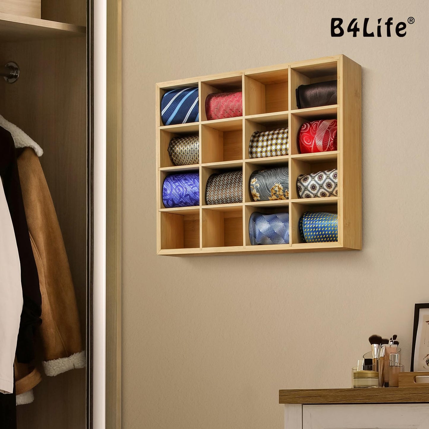 B4Life Tie Rack Wall Mounted Tie Box,Tie Organizer Tie Display Racks for Wall, Bamboo Tie Storage Tie Organizer for Men Tie Holder Wall Mount