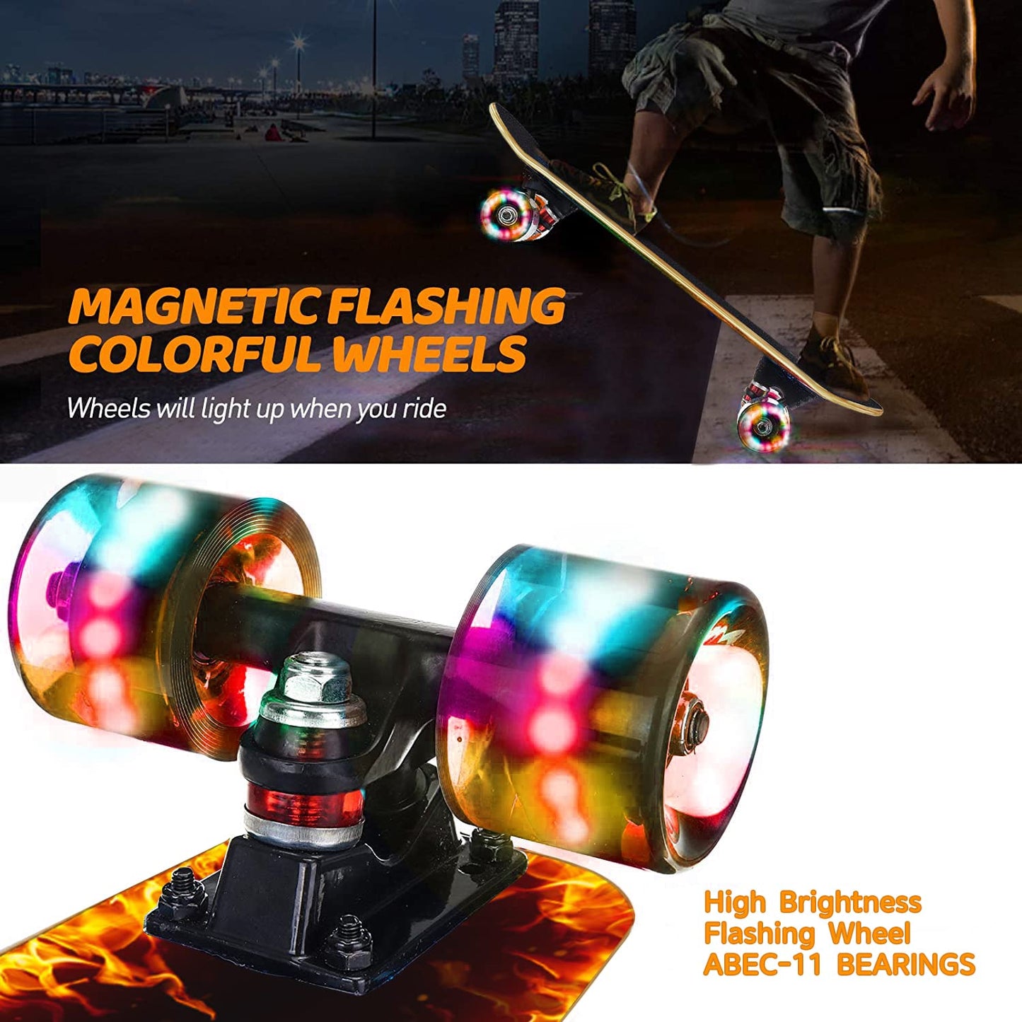 GIEEU Skateboards with Colorful Flashing Wheels for Beginners,Kids,Teens,Adults,31 x 8 Inch Complete Standard Skate Boards 9 Layer Canadian Maple Deck