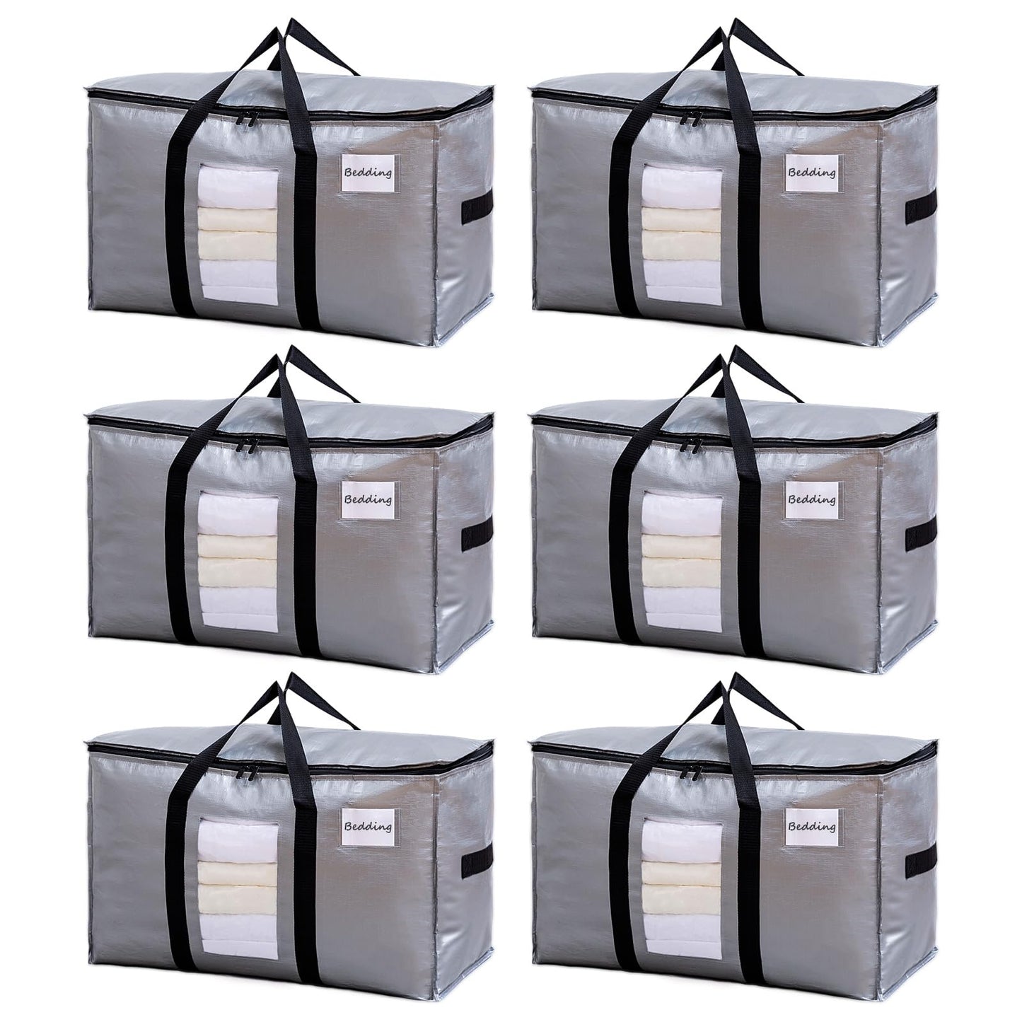 TAILI Moving Bags Heavy Duty with Zips Extra Large 6 Pack,Clear Window & Reinforced Handles,Silver Storage bags for Clothes, Beddings,Travel,Moving
