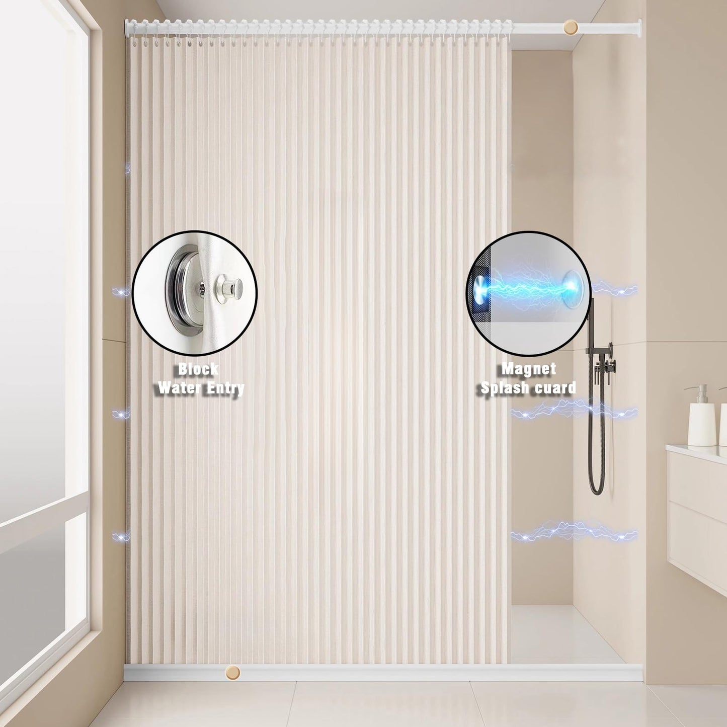 Momooda Waterproof Folding Shower Curtain, Heavy Duty Anti Mould Linen Shower Curtain, Magnetic Sripe Splash-proof, Fast Closing, Beige, 120x200cm