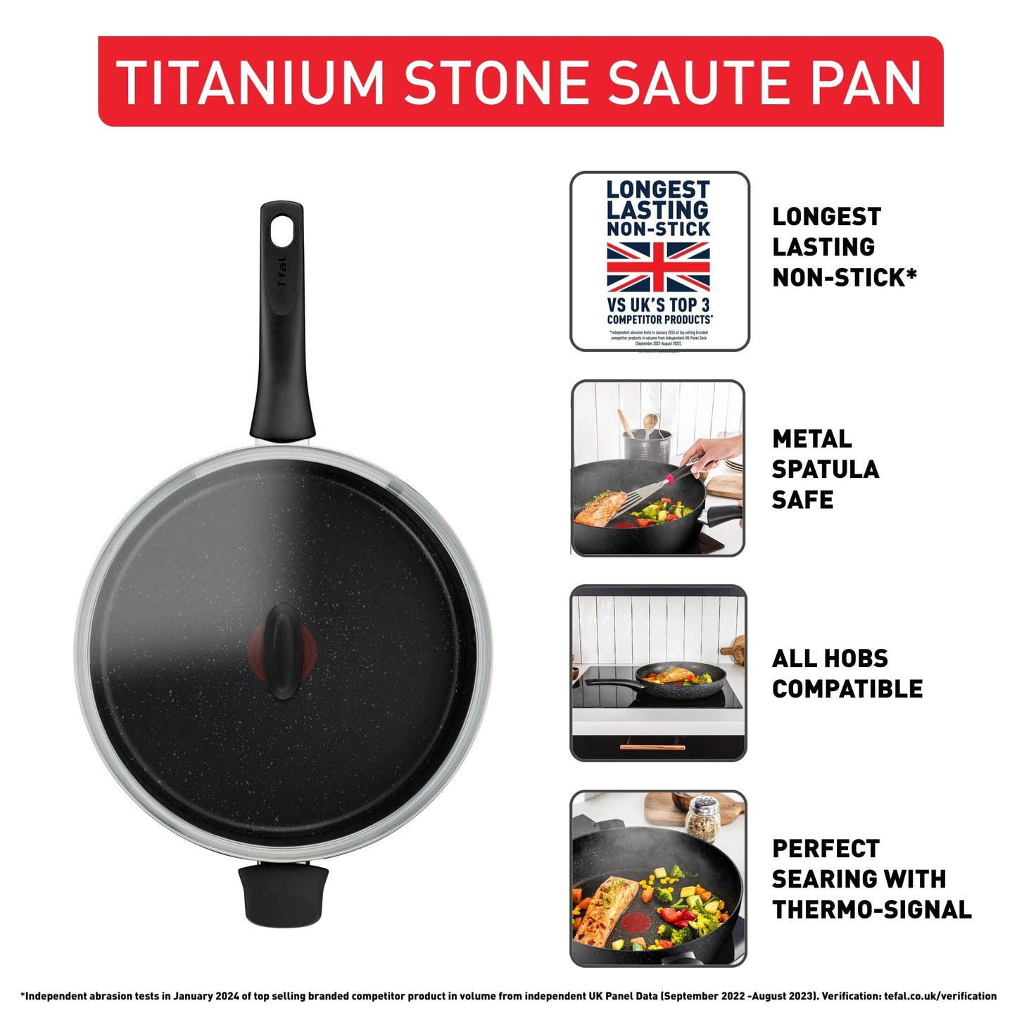 Tefal Titanium Stone Sautepan 26 cm + Lid, High-Performance Non-Stick Coating, Metal Spatula Safe, All hobs Including Induction, E1053345