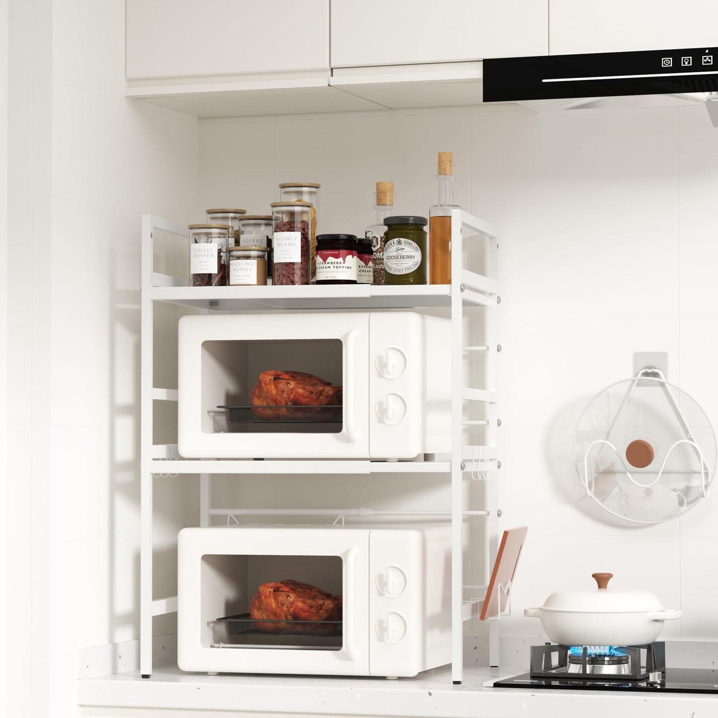 Furnestorica Retractable and Adjustable Microwave Rack, 3-Layer Microwave Shelf Made of Carbon Steel, Robust Holder with 6 Hooks