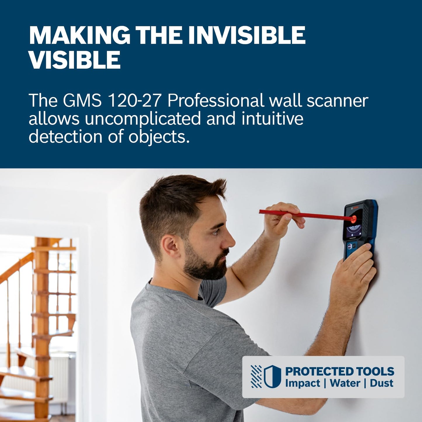 Bosch Professional Wall Scanner GMS 120-27 (2xAA Batteries, max. Detection Depth Non-Magnetic Metal/Magnetic Metal/Live-Wire/Wood: 120/100/50/30 mm,