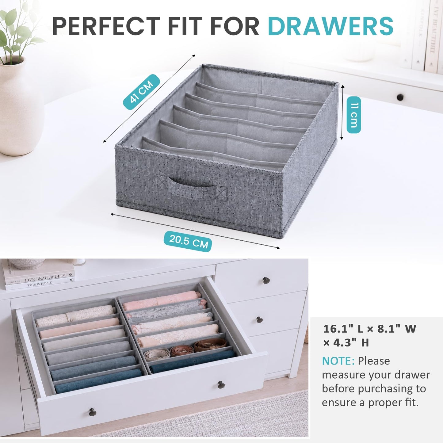 ZENO Large Drawer Organizer 16.5" L x 11.8" W x 6.7" H - 2 Pack Fabric Closet Bins with 5 Separators - Foldable Wardrobe Dividers for Sweaters, Jeans