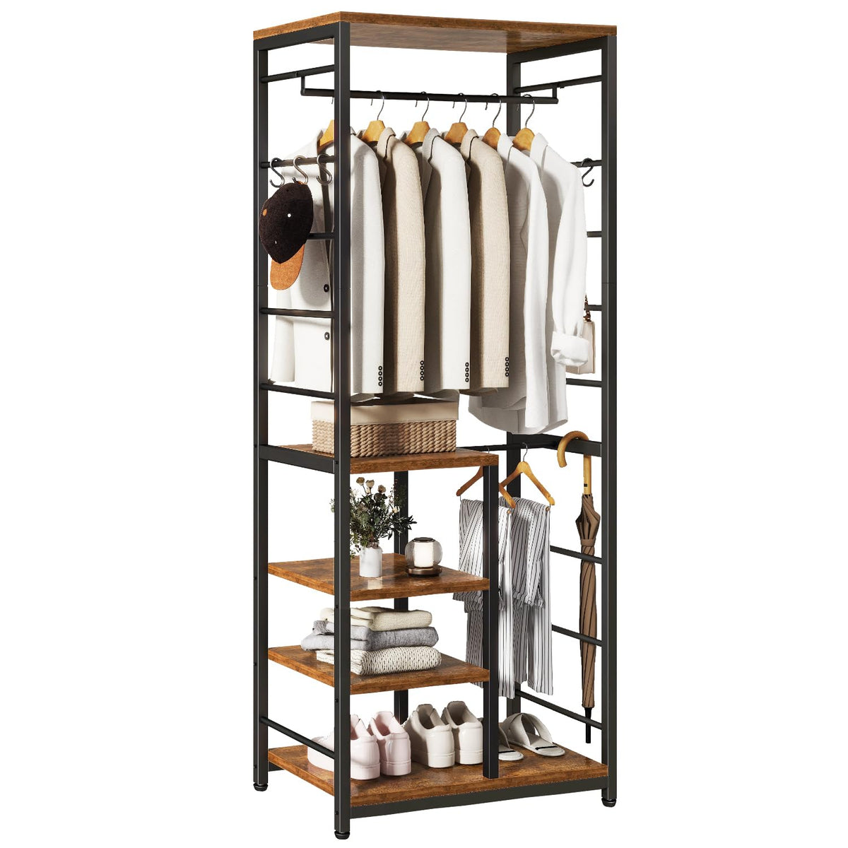 IBUYKE Coat Rack,Coat Stand on Wheels with 6 Hooks,Rustic Brown TMJ089H