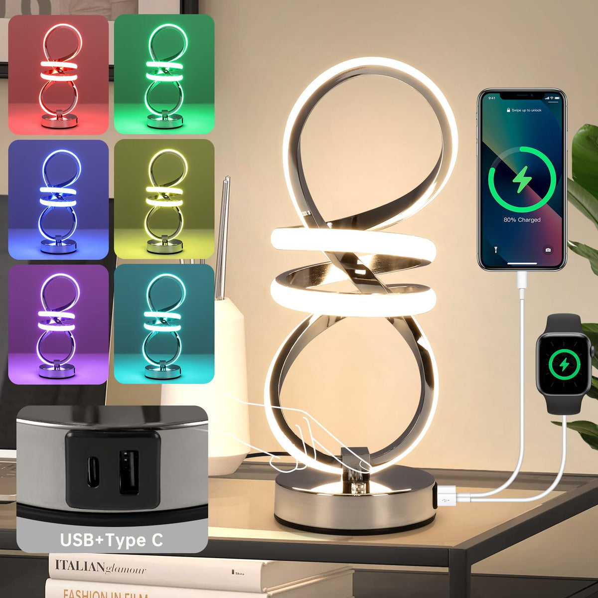 EIDISUNY RGB Bedside Table Lamp,Touch Control Dimmable Lamp with 6 Color Changing and 3 Levels Warm White,LED Modern Nightstand lamp with USB Ports,