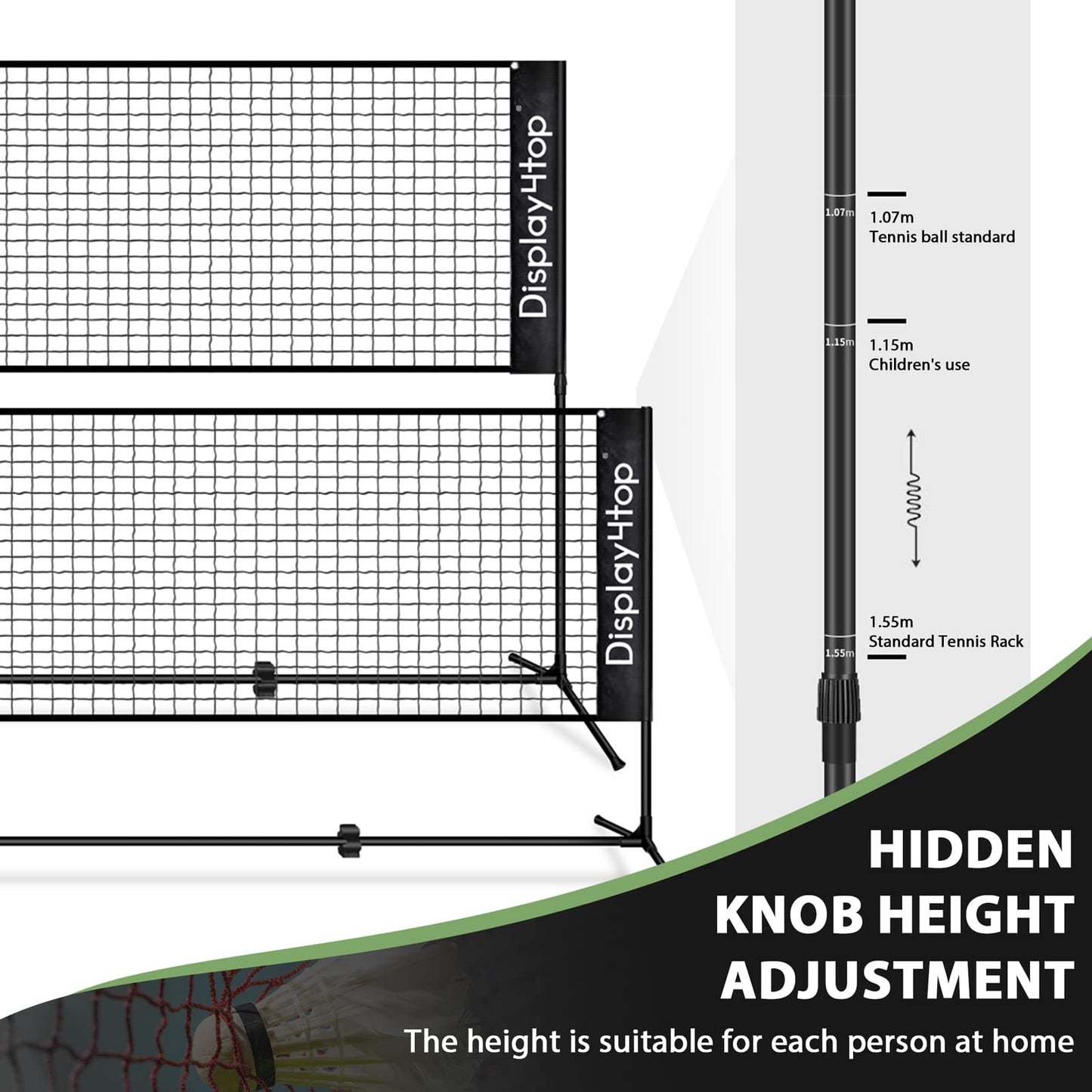 display4top Adjustable Foldable Portable Badminton Net Set - Net for Tennis, Pickleball, Kids Volleyball - Easy Setup Nylon Sports Net with Poles -