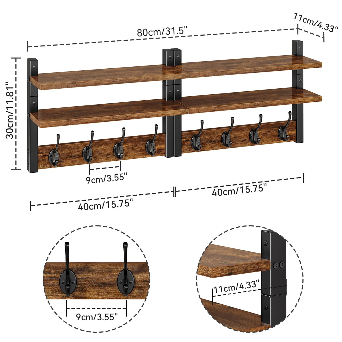 YMYNY 2-Tier Coat Hooks Wall Mounted with Shelf, Rustic Brown HWS009H-2