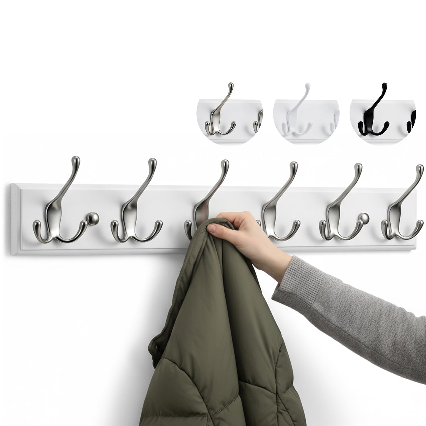 LARHN White Wall-Mounted Coat Rack - 6 Matt-Nickel Coat Hooks, 59cm