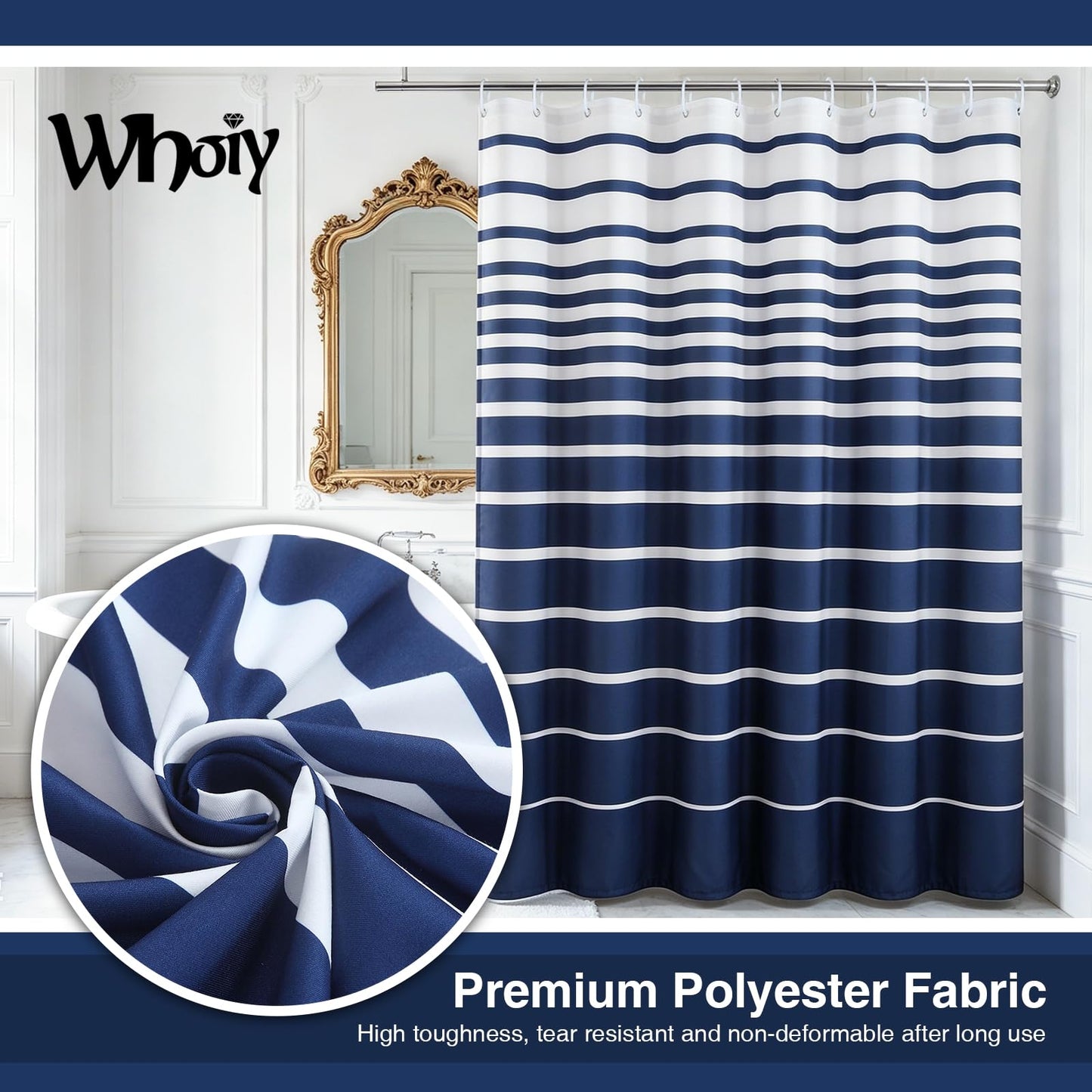 Blue and White Striped Shower Curtain with Hooks for Bathroom - Waterproof Polyester Fabric Shower Curtains, Anti-Cling Weighted Hem