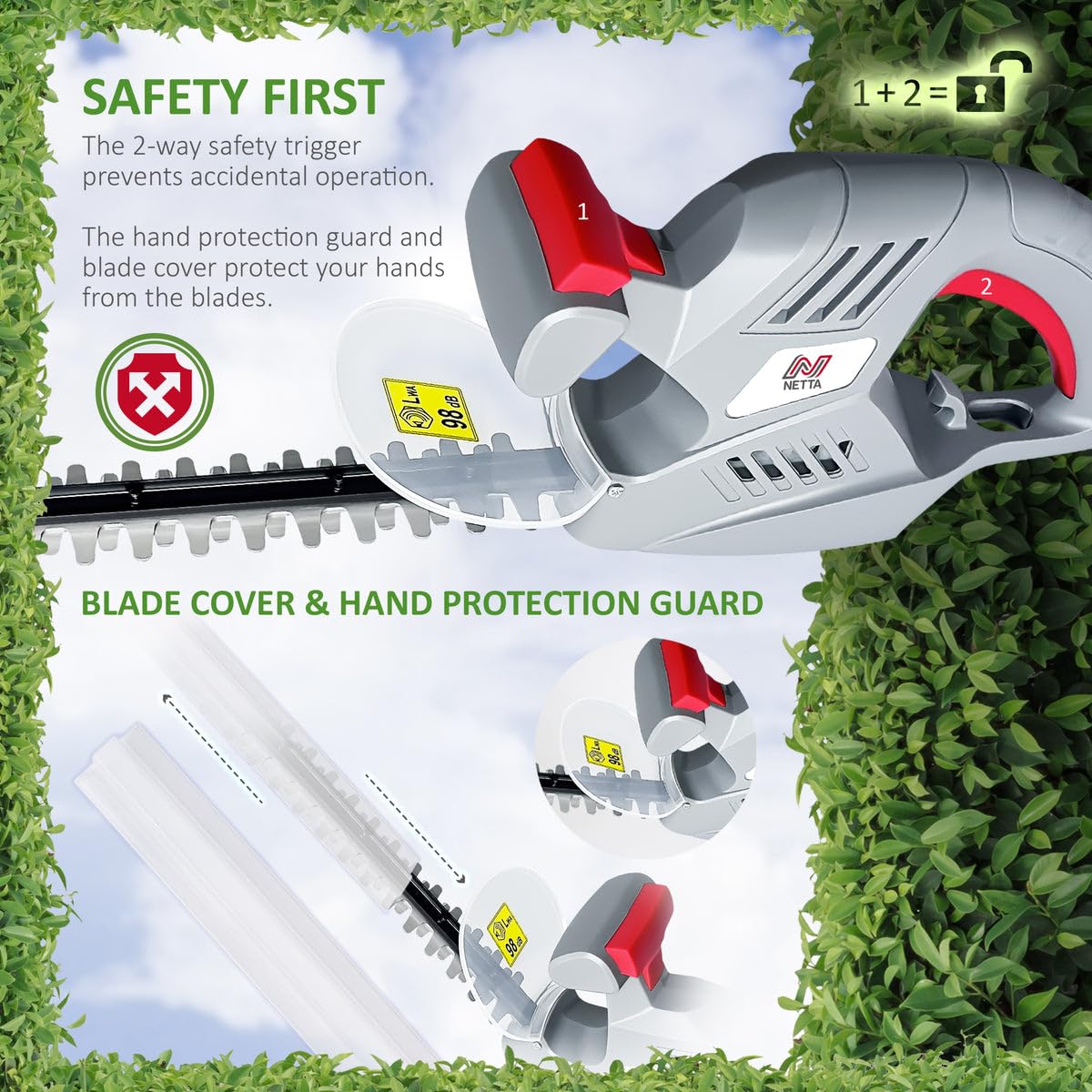 NETTA Hedge Trimmer and Cutter - 500W - 500mm Diamond Cutting Blade - 16mm Tooth Opening - 6M Power Cable - Ultra-Light 2.6kg - Two-Way Safety Switch