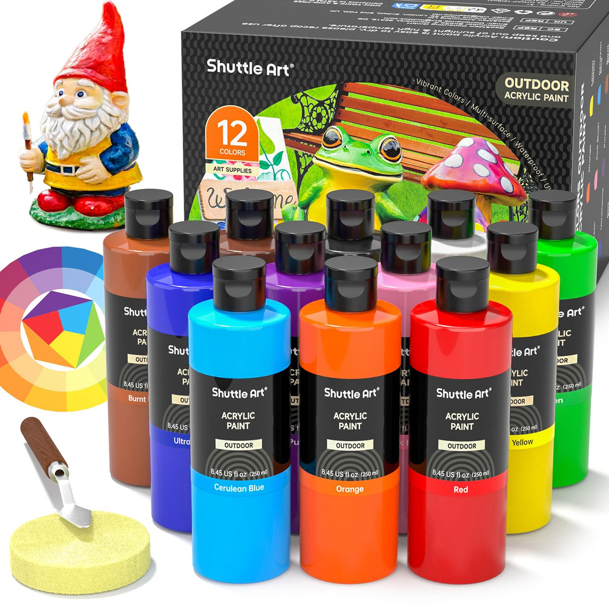 Shuttle Art Outdoor Acrylic Paint, 12 Vibrant Colours Waterproof Acrylic Paints, 8.45oz/250ml Large Bottles, Garden Ornament Paint for Adults,