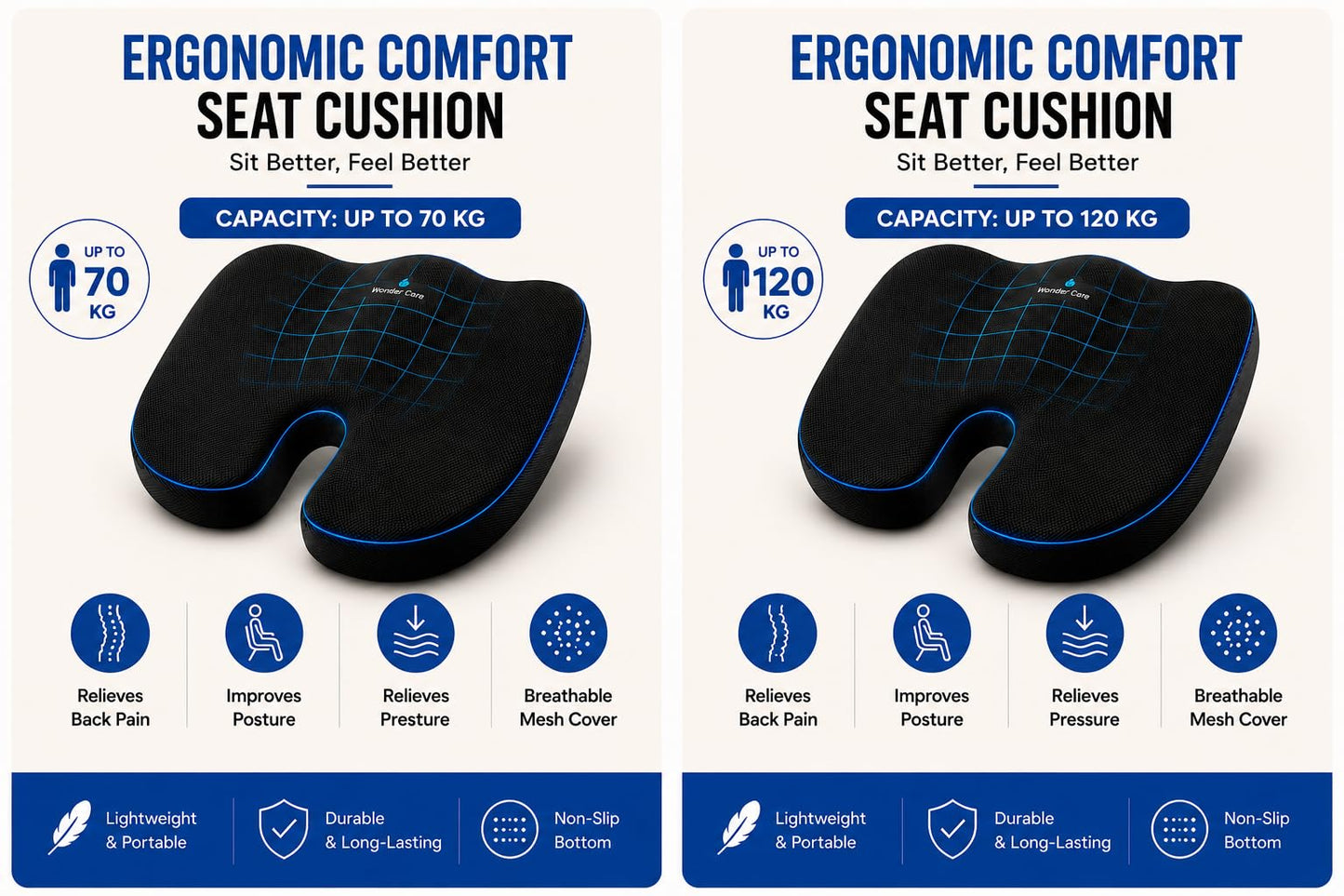 Wonder Care Orthopedic Coccyx Cusion | High Density Memory Foam for Back Pain, Sciatica, Tailbone Relief (Mesh Cover, 70Kg)