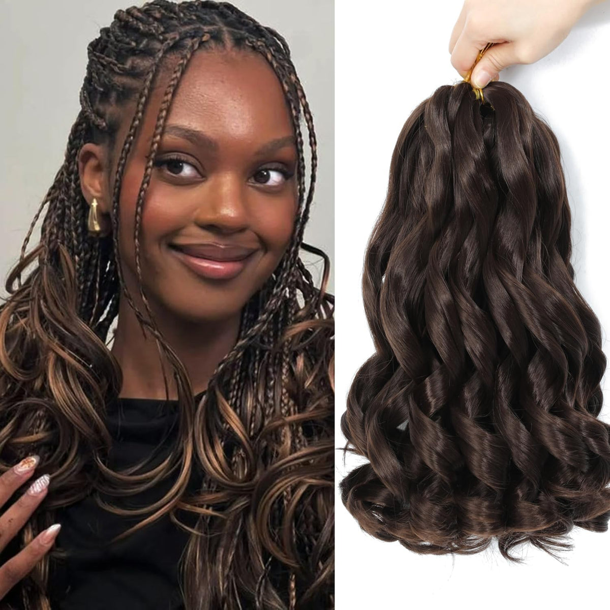 French Curly Braiding Hair 16 Inch 8 Packs - Pre Stretched Bouncy Braiding Hair- Loose Wavy Synthetic Hair Extensions for Black Women (16 inch 8