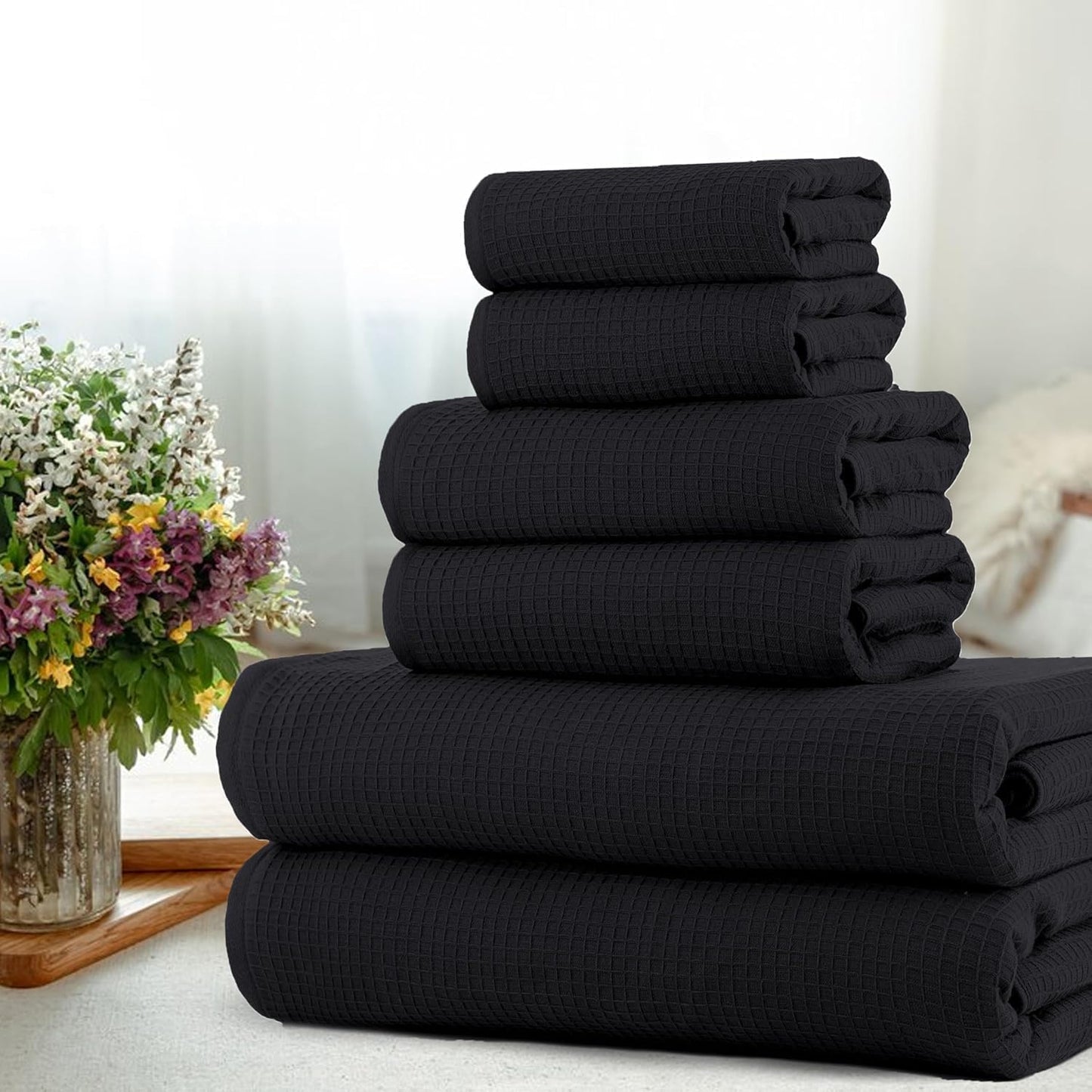 CASA COPENHAGEN Waffle Terry 6-piece set, cotton, extra large, luxurious, black, 2 bath towels XL, 70x140 cm, 2 large hand towels, 50x80 cm