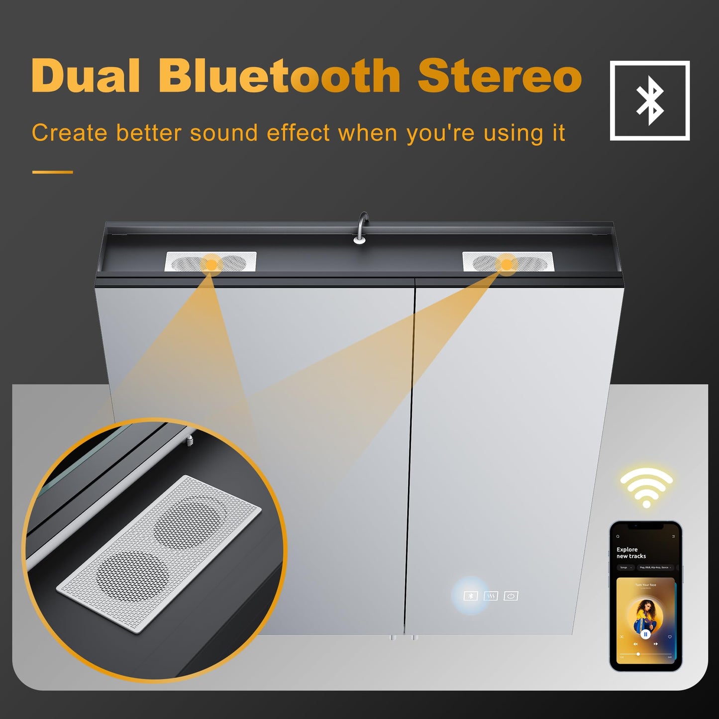 ELEGANT LED Mirror Cabinet with Bluetooth Bathroom Cabinet with Shaver Socket Black Double Door Wall Cabinets with Three-color Infinitely Dimmable