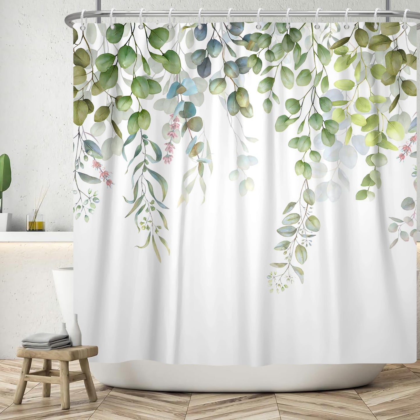 ASDCXZ Leaves Shower Curtain 180x180 cm, Spring Simplicity Blue Green Eucalyptus Leaves Rose Flowers White Washable Shower Curtains Polyester Textile