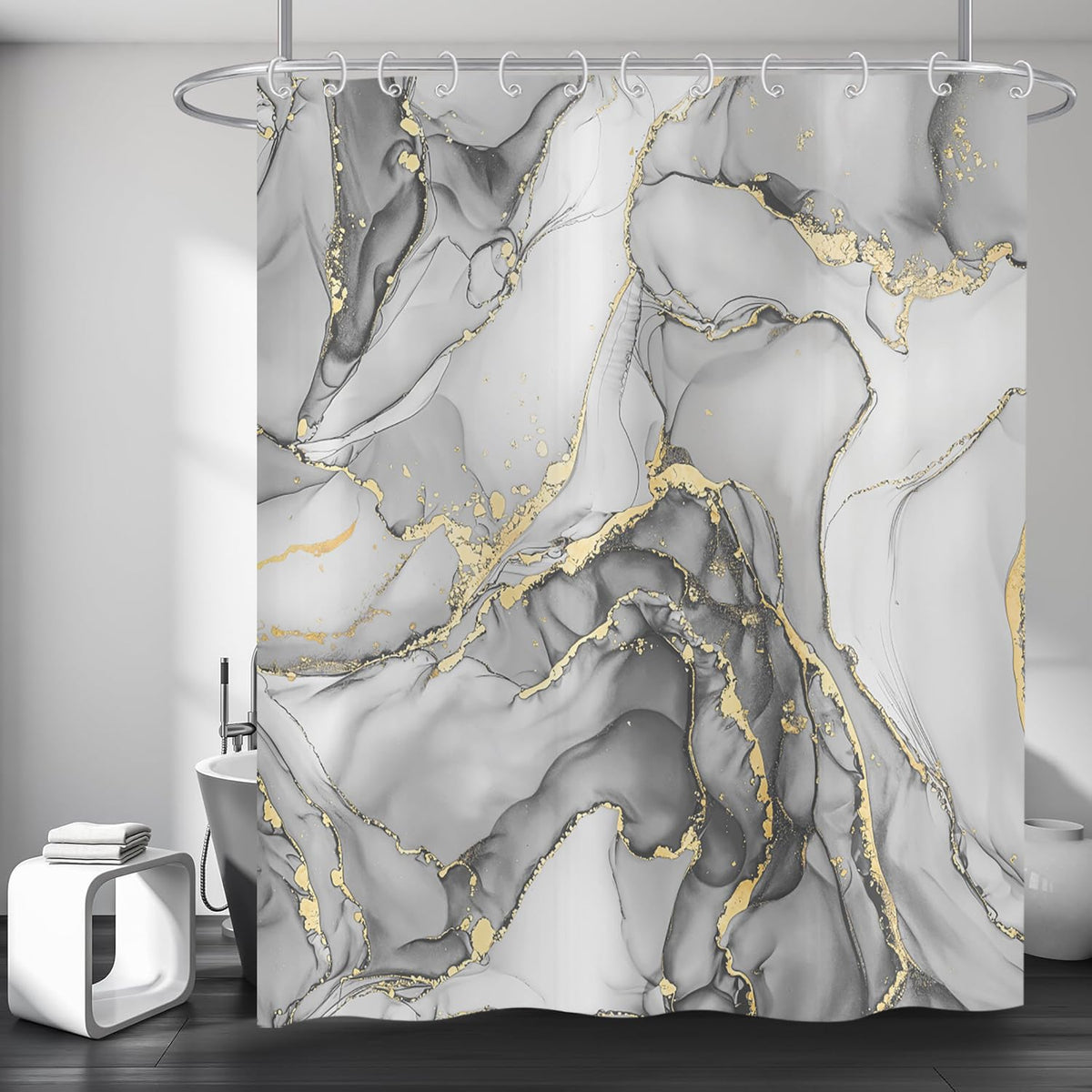 Hnmdmyi Marble Shower Curtain 90x180, Grey Gold Abstract Marble Bathroom Curtains Luxury Modern Aesthetic Art Ink Texture Waterproof Polyester Fabric