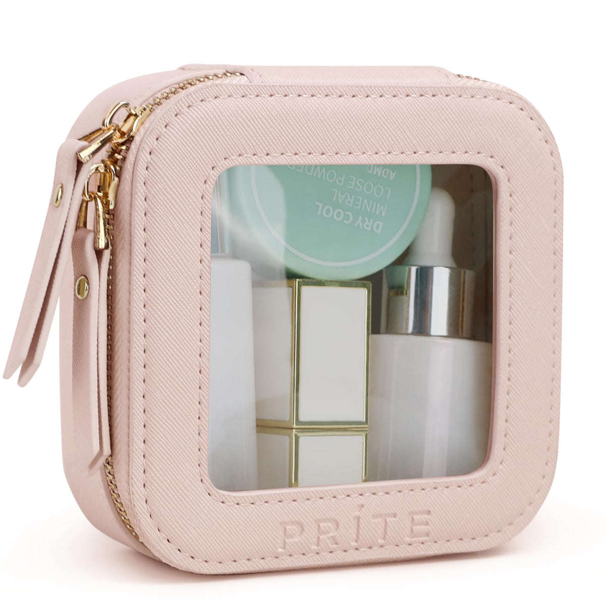Prite Small Clear Makeup Bag with Gift Box Mini Cosmetic Case Waterproof Travel Toiletry Pouch Car Essentials with Double Zippers (Pearl Pink)