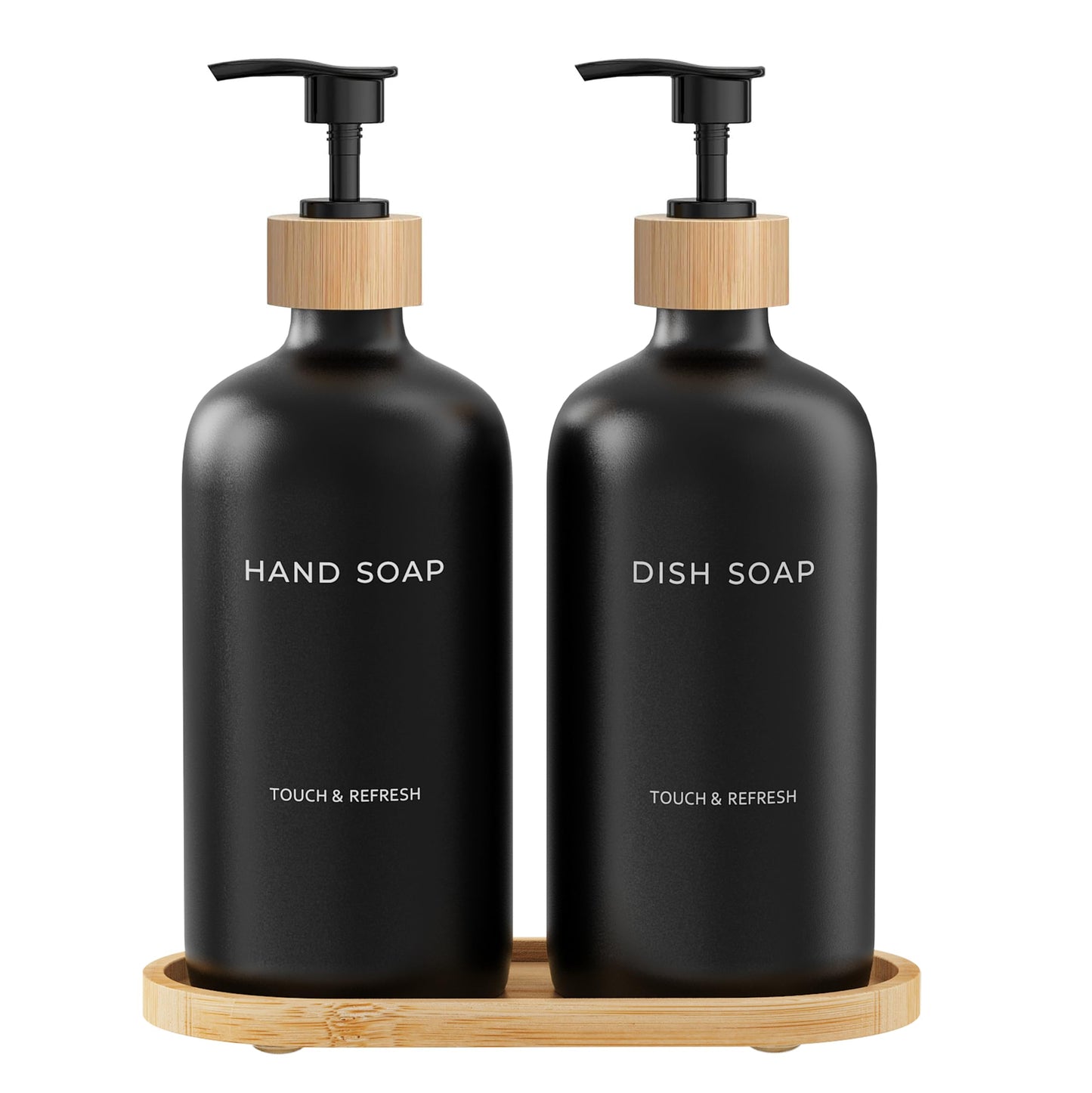 Black Soap Dispenser Set with Tray - Hand and Dish Soap Dispenser for Kitchen - Bamboo Pump Bottles for Kitchen Sink,Modern Kitchen Decor &
