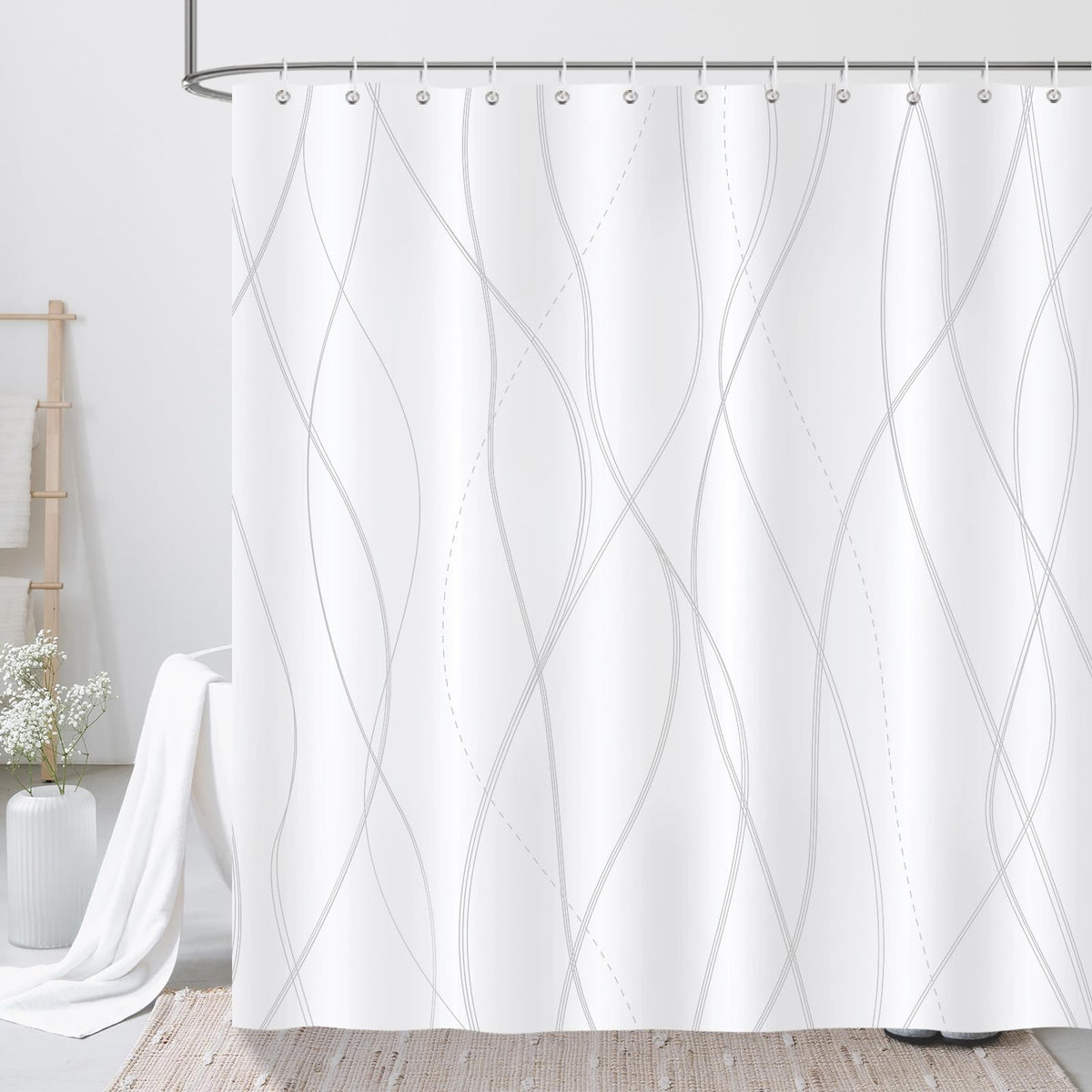 COZZSNUGE Modern Stripes Shower Curtain, Grey and White Striped Bathroom Curtain 183 x 183 cm, Water Repellent Mildew Resistant Polyester with 12