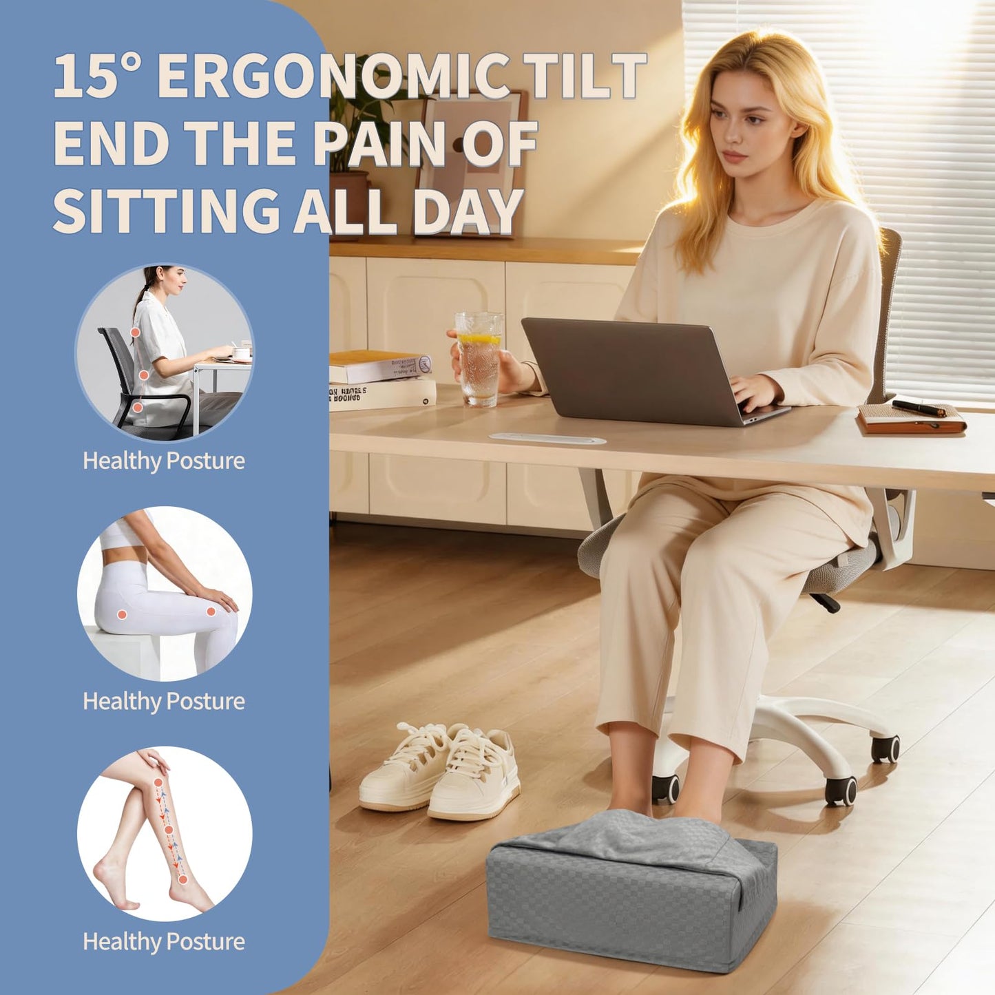 Nockovi Foot Rest for Under Desk at Work – 15° Tilt Angle Under Desk Footrest with High-Resilience Foam, Velvet Top & Non-Slip Base