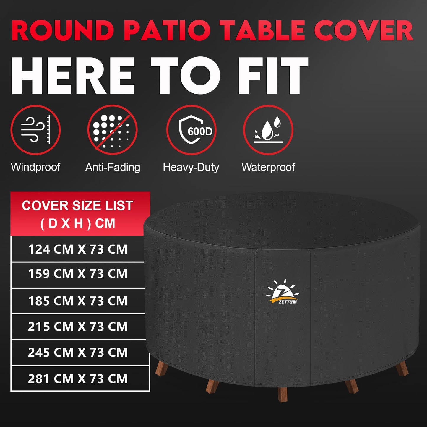 Zettum ?185x73cm Garden Furniture Covers Waterproof Round, 600D Oxford Fabric Outdoor Sofa Covers Waterproof Fit for Rattan Round Table & Chairs,