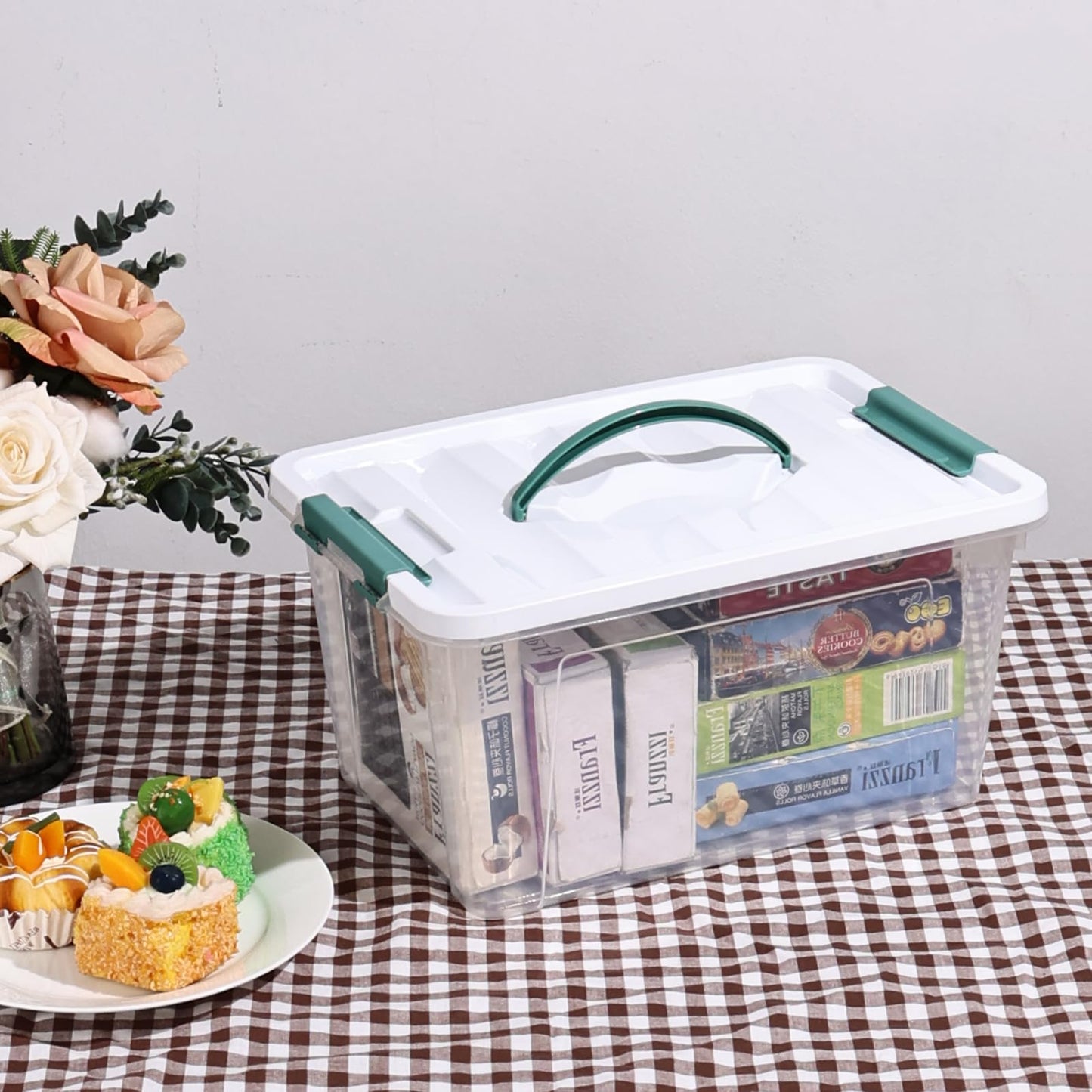 Gloreen 4 PCS Lidded Storage Box, 10L Plastic Container with Handle, Clear