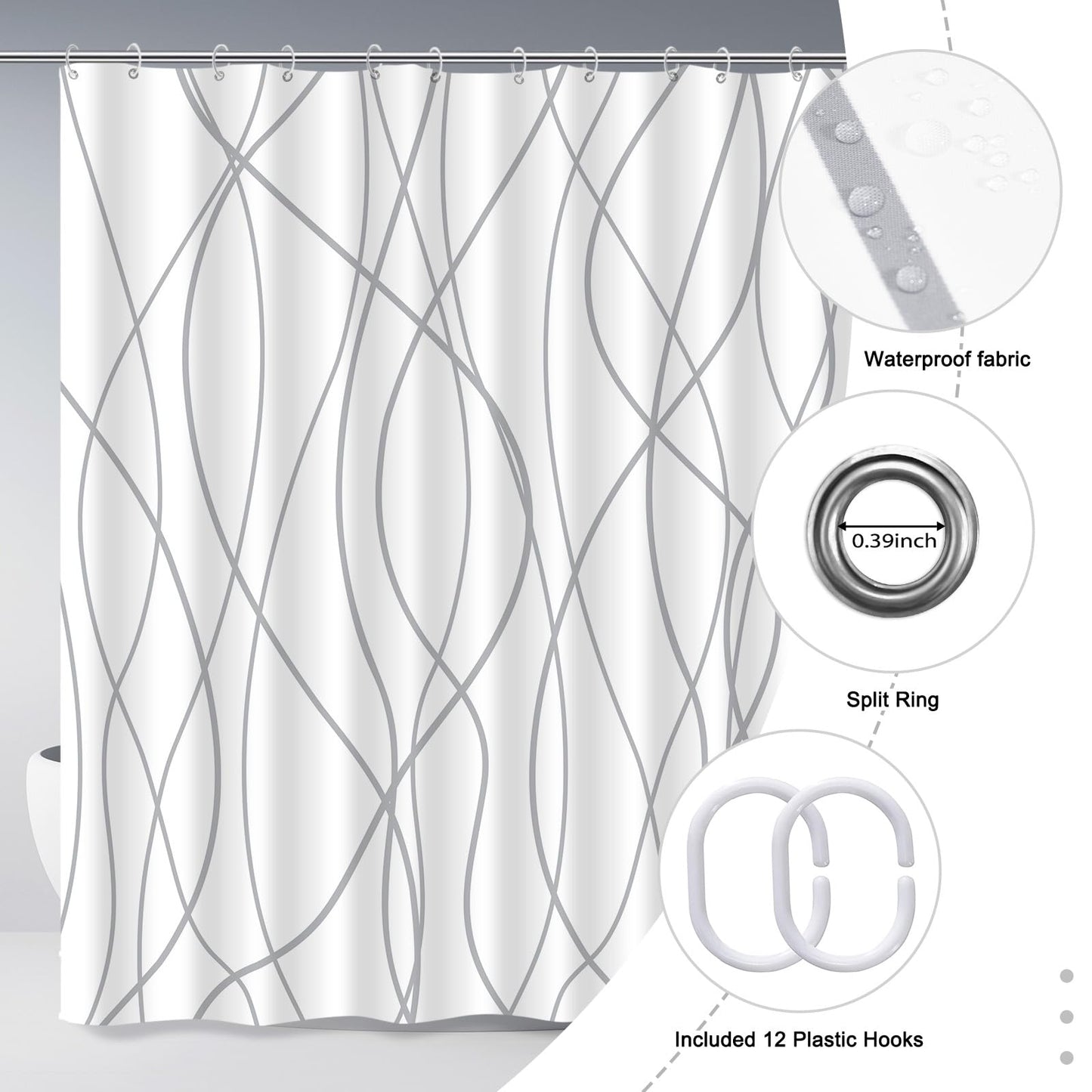 Punkray Grey and White Striped Fabric Shower Curtain for Bathroom with 12 Hooks, Shower Curtains for Bathroom