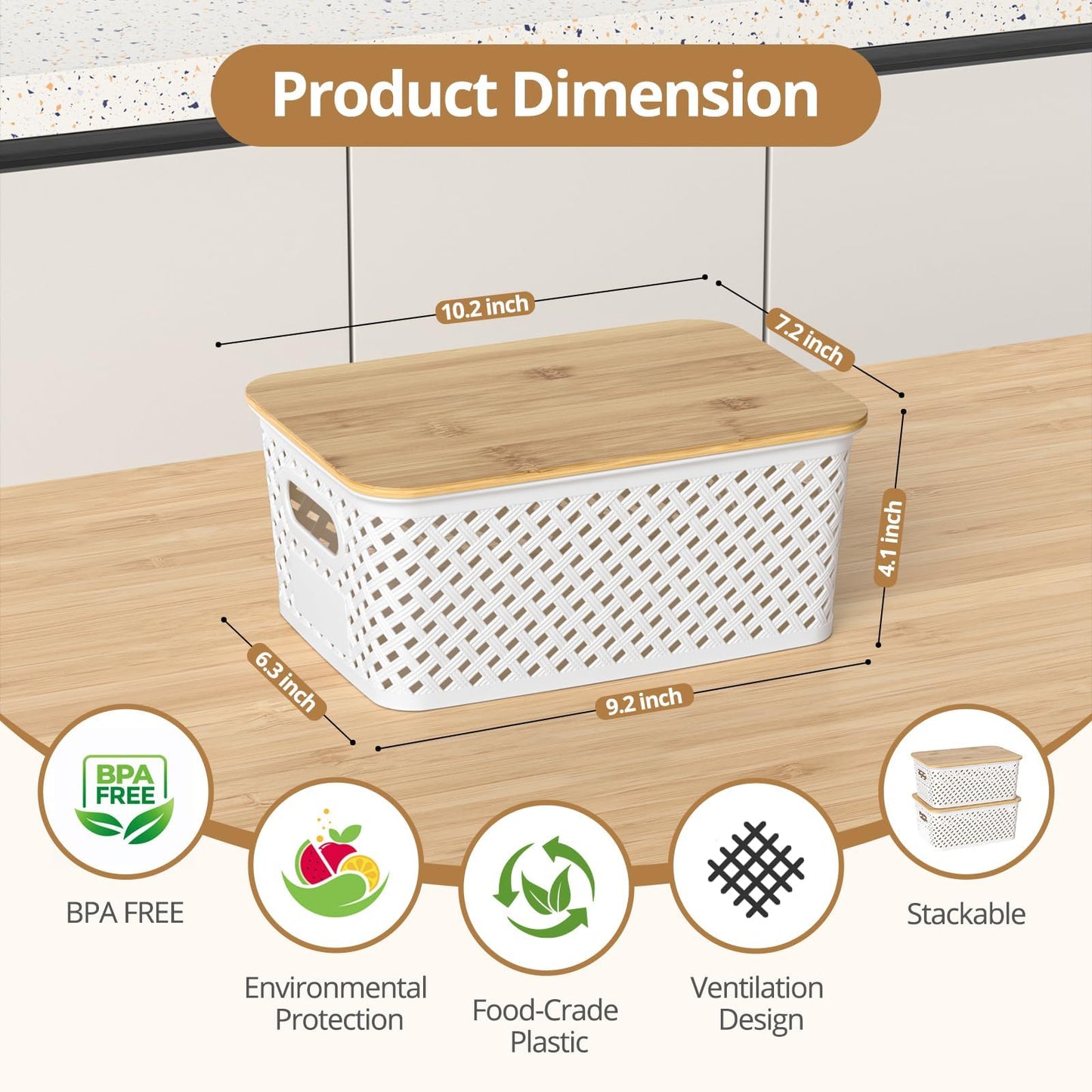 HapiLeap Plastic Storage Baskets With Bamboo Lid, Stackable Plastic Storage Boxes for Organizing Pantry Shelves Drawers Desktop Closet Playroom