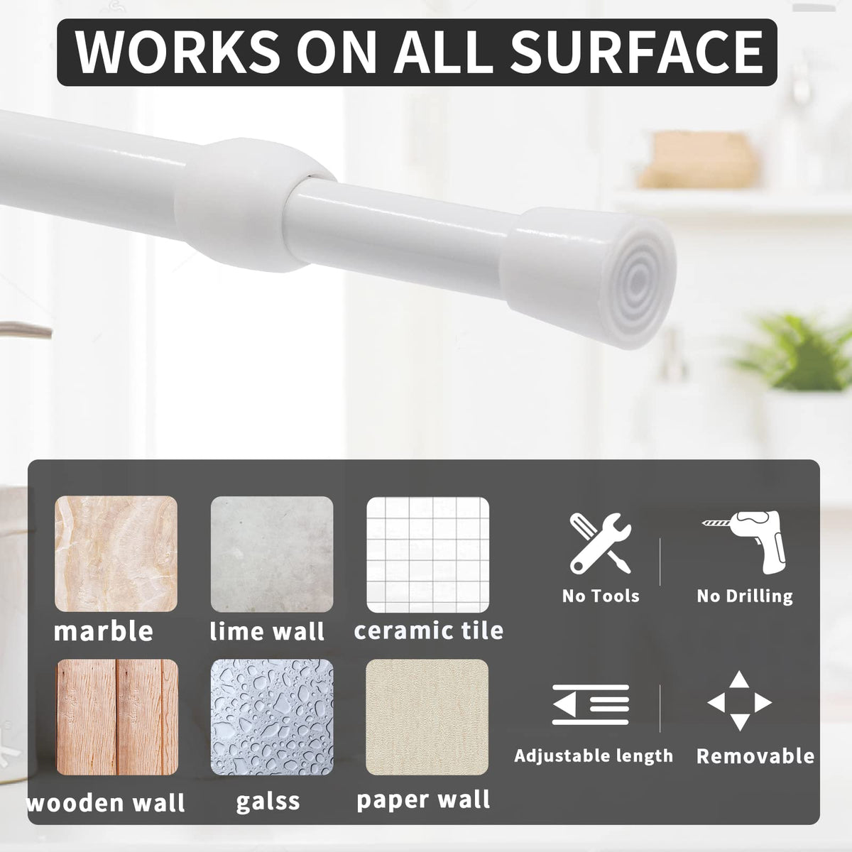 Vista 135-250cm Tension Rods for Curtains without Drilling Curtain Poles Extendable Curtain Rod Adjustable for DIY Projects, Cupboard, Kitchen,