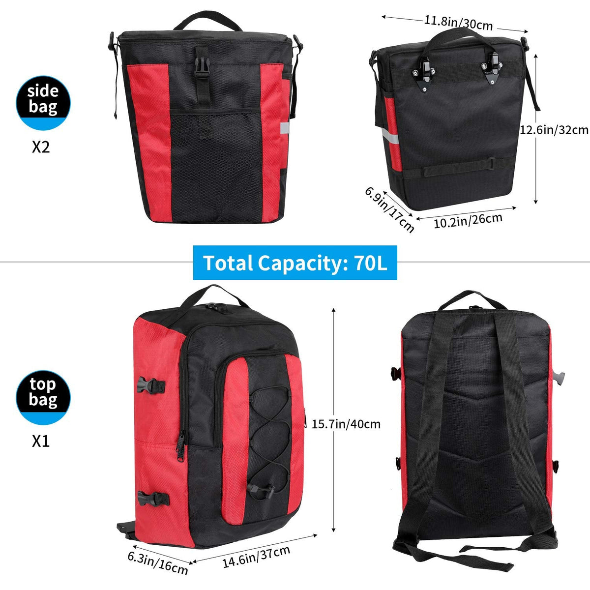 PELLOR 70L Waterproof 3 in 1 MTB Bike Rear Bicycle Pannier Bags Bike Rack Bag with Rain Cover (Red)