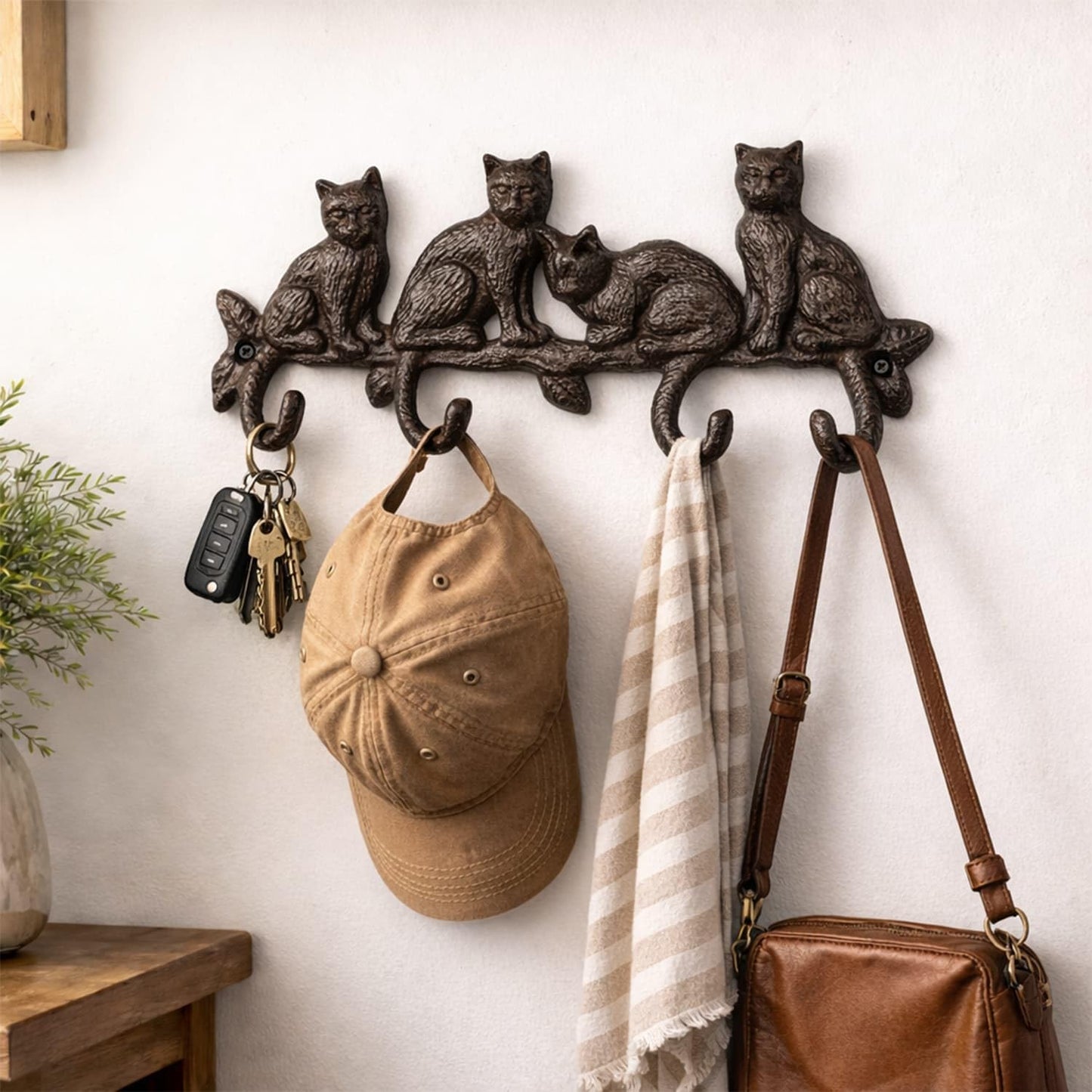 CKB LTD Coat Rack Wall Mounted Cast Iron Cat Tail Hooks - Rustic Decorative 4 Peg Rail, Multi-Purpose Heavy Duty Metal Hanging Hook for Coats, Keys