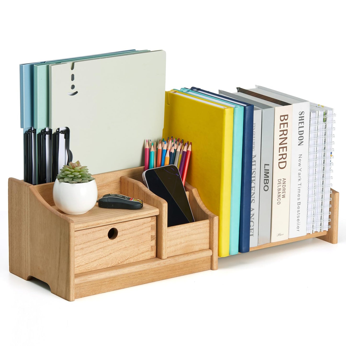 KIRIGEN Wooden Desktop Organiser with Drawer, Adjustable Bookshelf, Natural