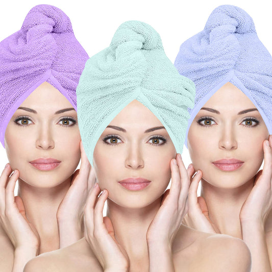 Glamza Microfibre Hair Towel Wrap Super Absorbing Twist Turban Hair Wrap with Buttons for Fast Drying Hair (3 PACK (LARGE) - PURPLE,GREEN,BLUE)