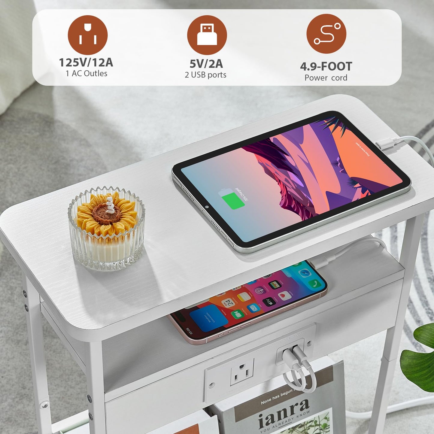 YEAKOO Narrow Side Table With Charging Station, 3 Tier End Table with 2 USB Ports & Power Outlets,Slim Sofa Side Table for Narrow and Small Spaces